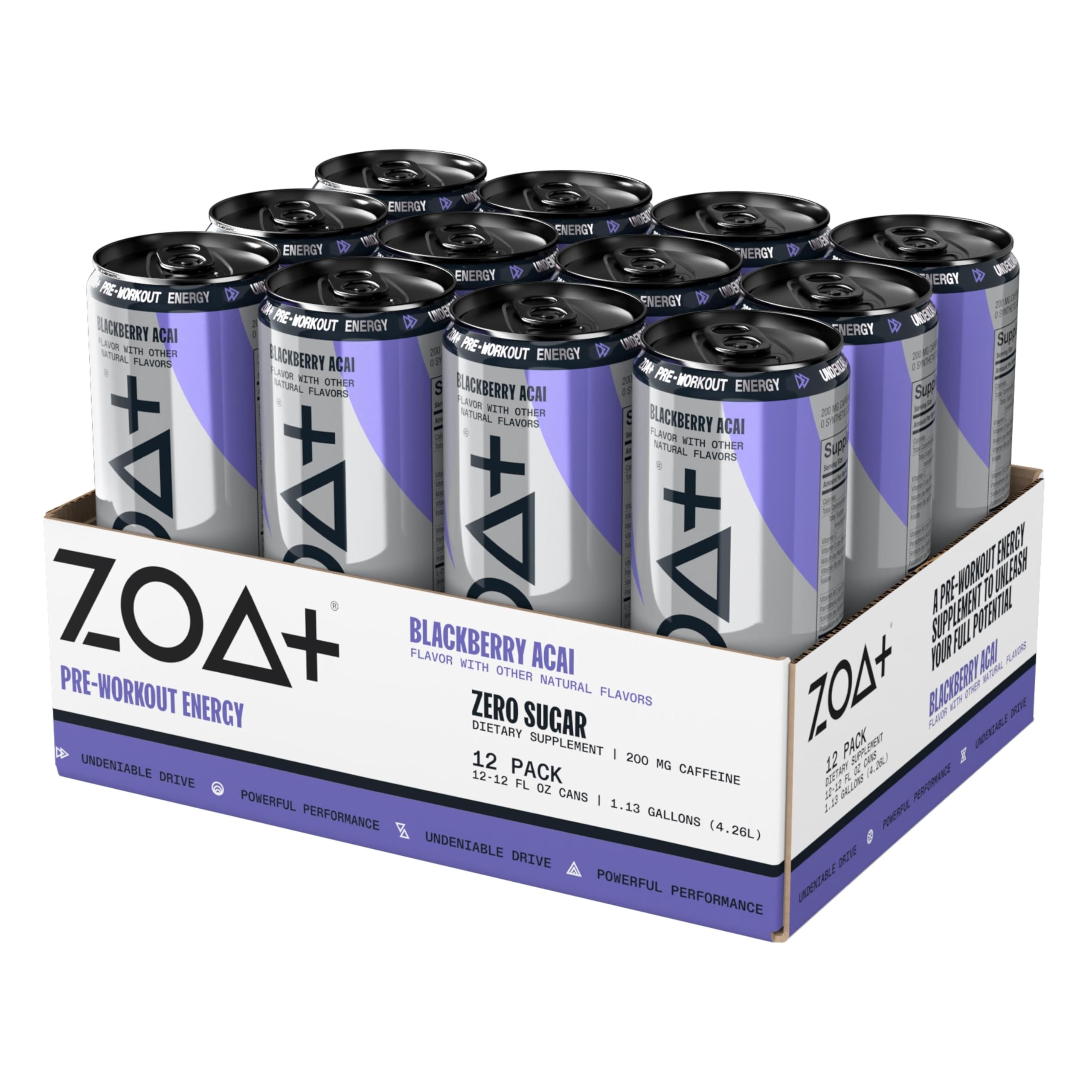 ZOA Plus Sugar-Free Pre-Workout Drink, Ready to Drink with Nitric Oxide, Vitamin B, C and D ZOA