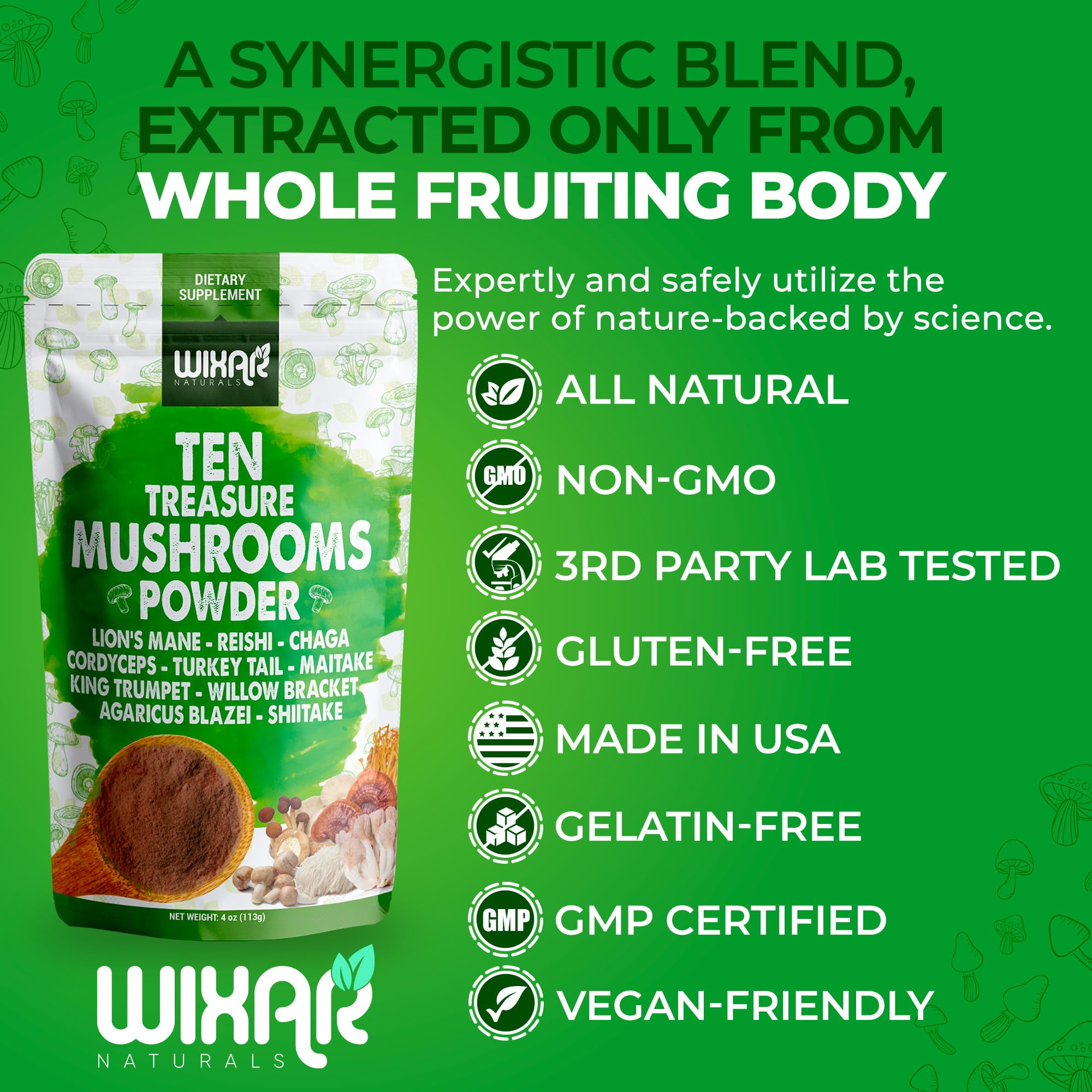 Wixar Mushroom Powder - Ten Treasure Mushrooms Extract Supplement Blend for Coffee WIXAR NATURALS