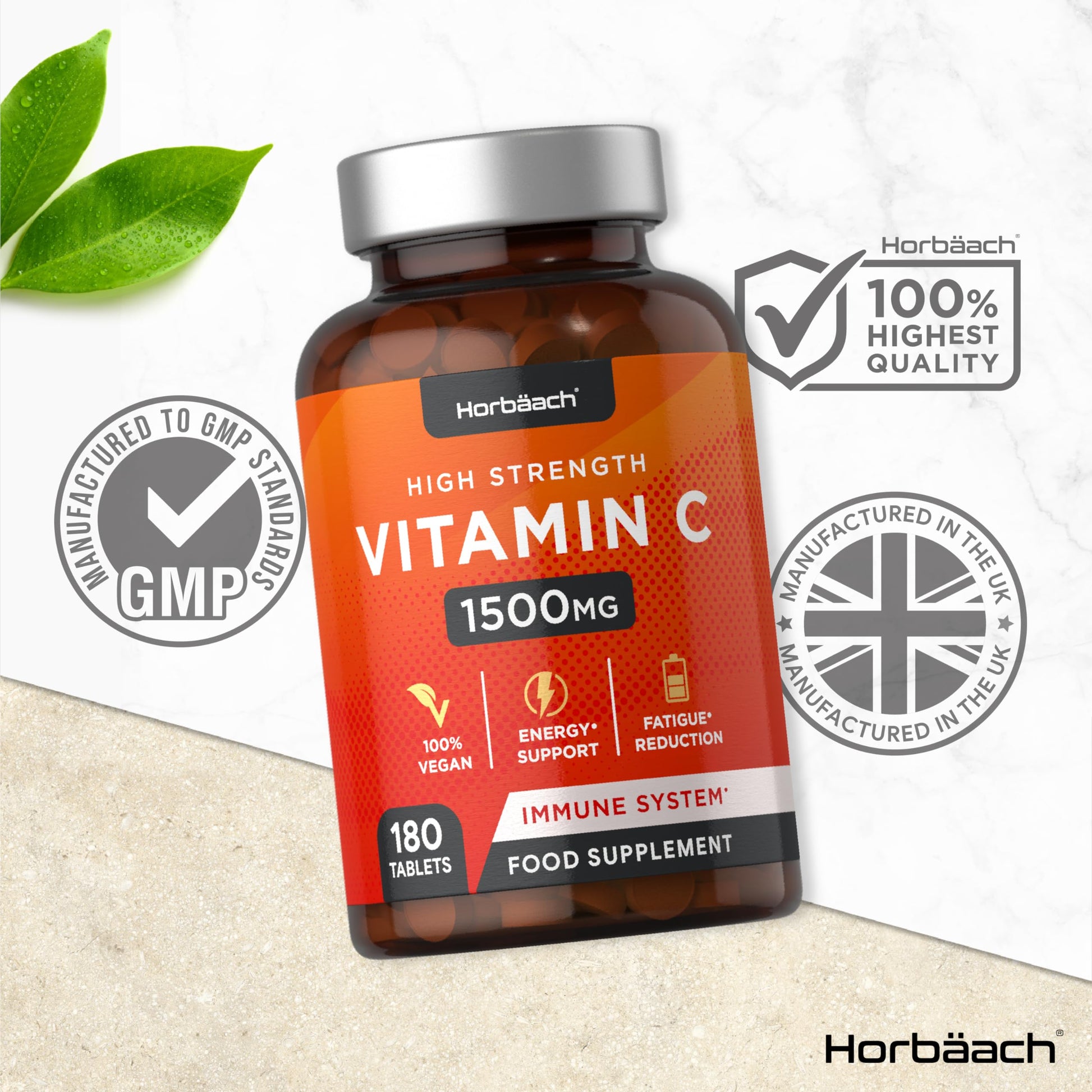 Vitamin C Tablets 1500mg | 180 Count | High Strength Vegan Supplement | No Artificial Horbäach
