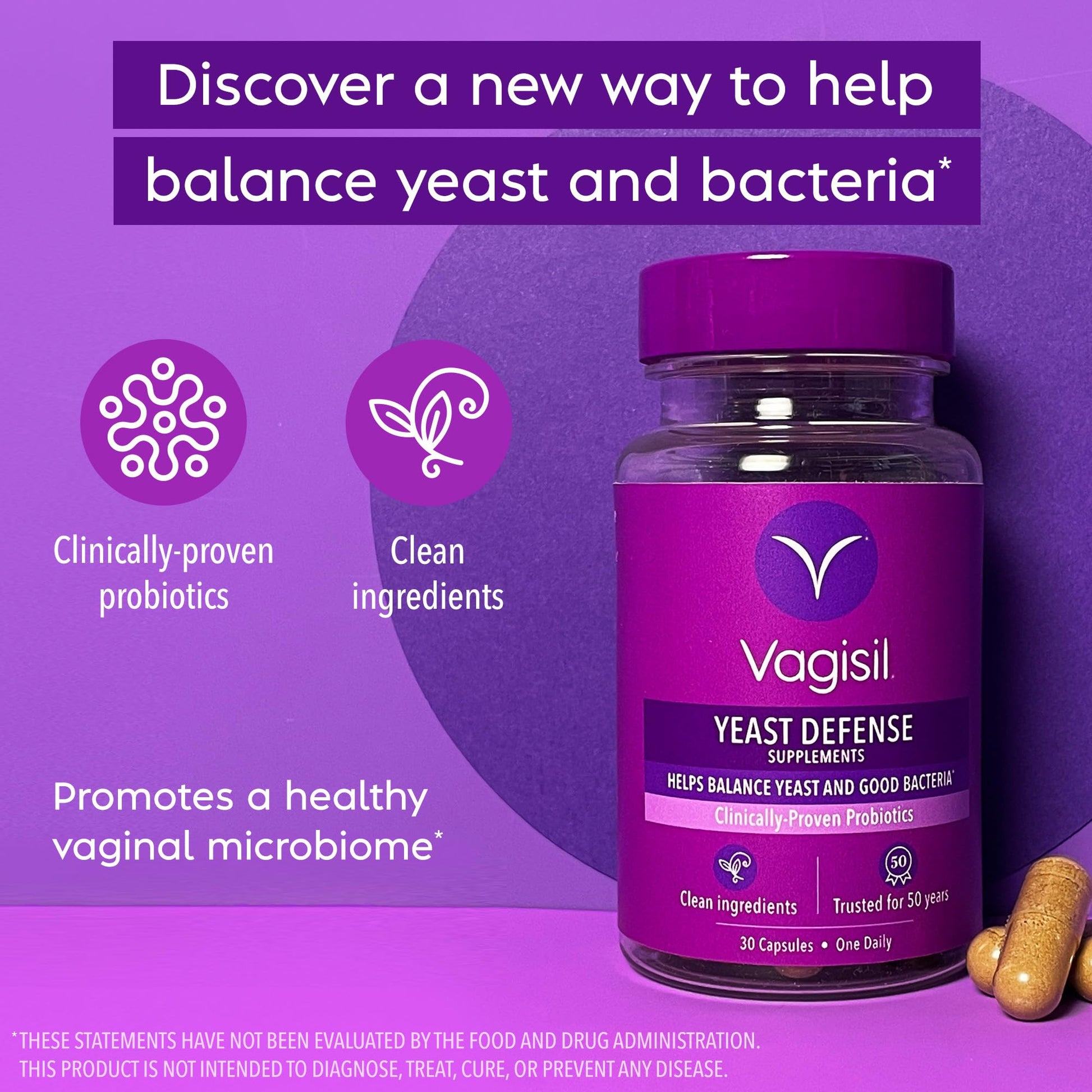 Vagisil Yeast Defense Supplements, Helps Balance Yeast and Good Bacteria, Clinically-Proven Probiotics Vagisil