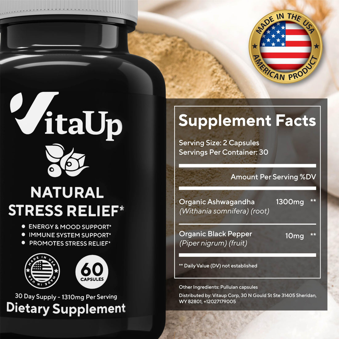 VitaUp Organic Ashwagandha Capsules 1310 mg - USA Made Ashwagandha Supplements