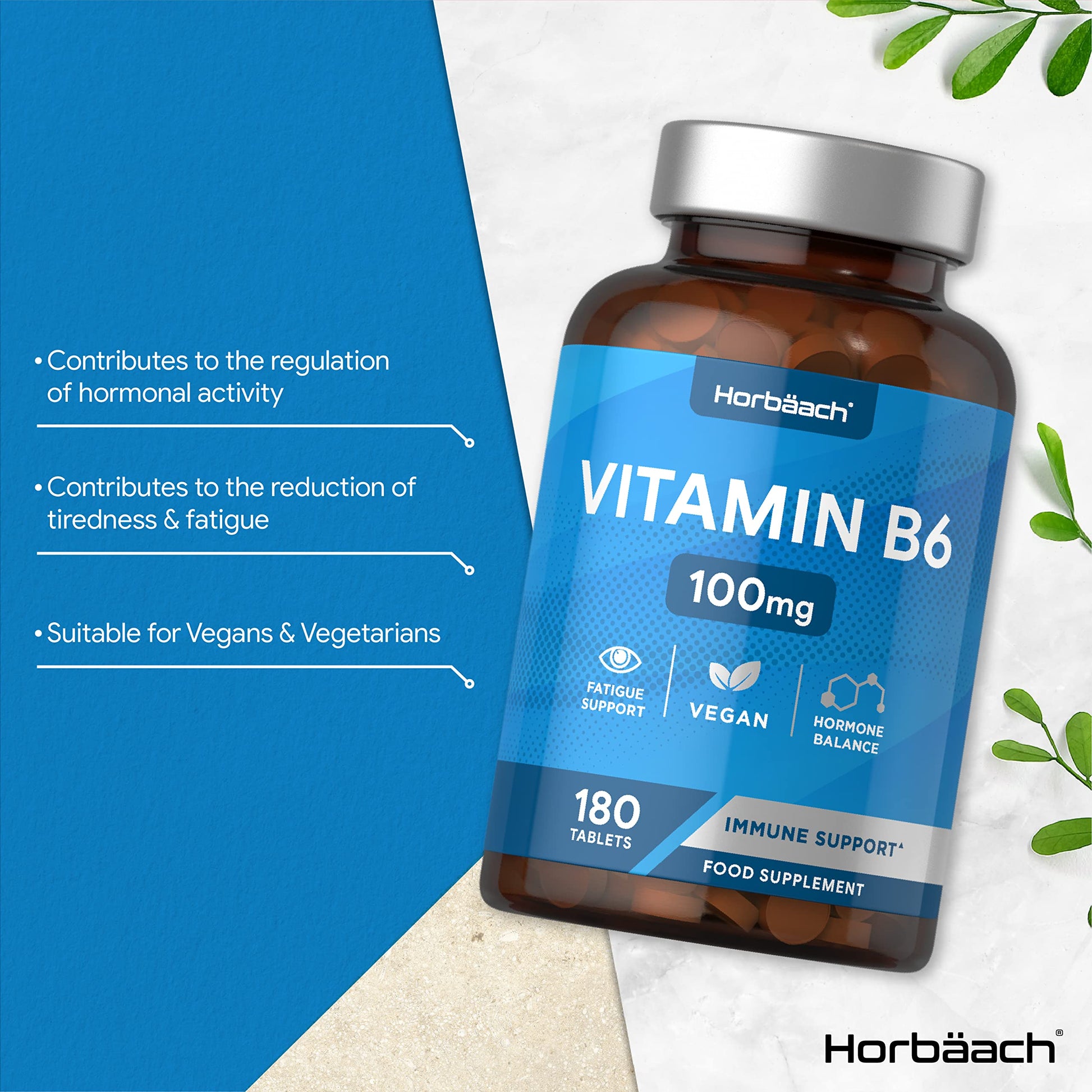 Vitamin B6 100mg | 180 High Strength Tablets | Regulation of Hormonal Activity & Fatigue Horbäach