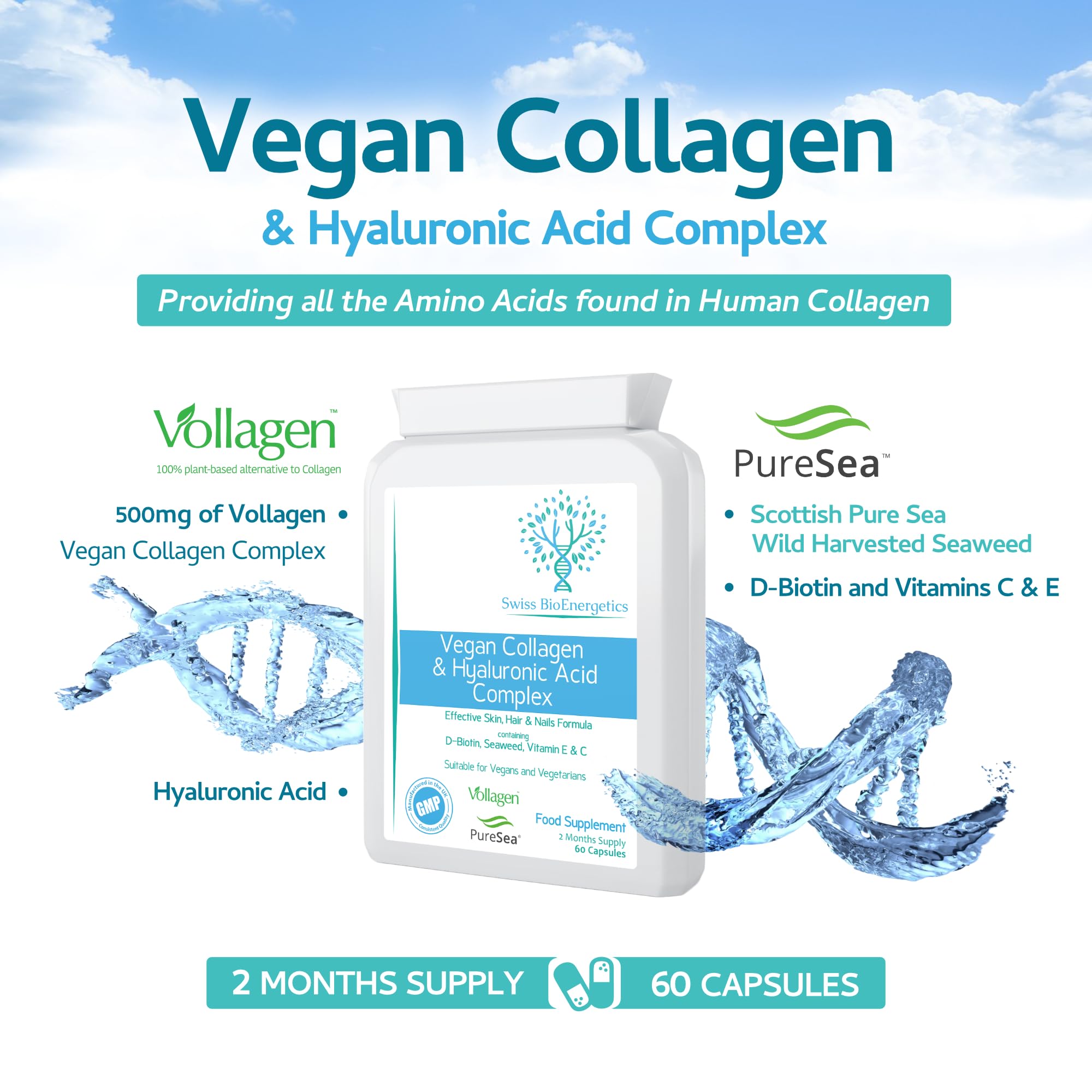 Vegan Collagen & Hyaluronic Acid Complex - 60 Capsules - Effective Skin, Hair & Nails Formula with 500mg swiss bioenergetics