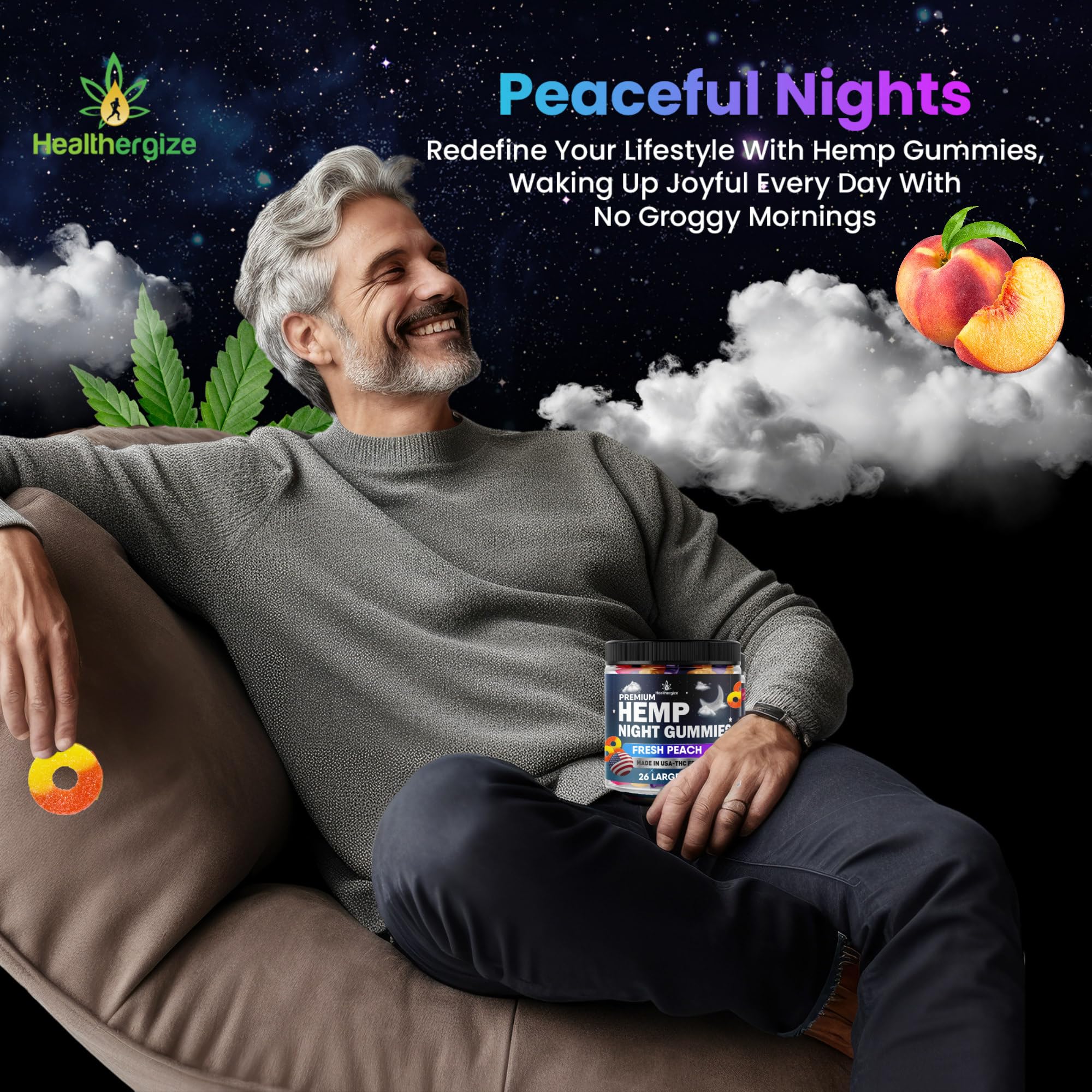 Healthergize Hemp Gummies Night-Time, High Potency Nap Gummies, Peace and Relaxation