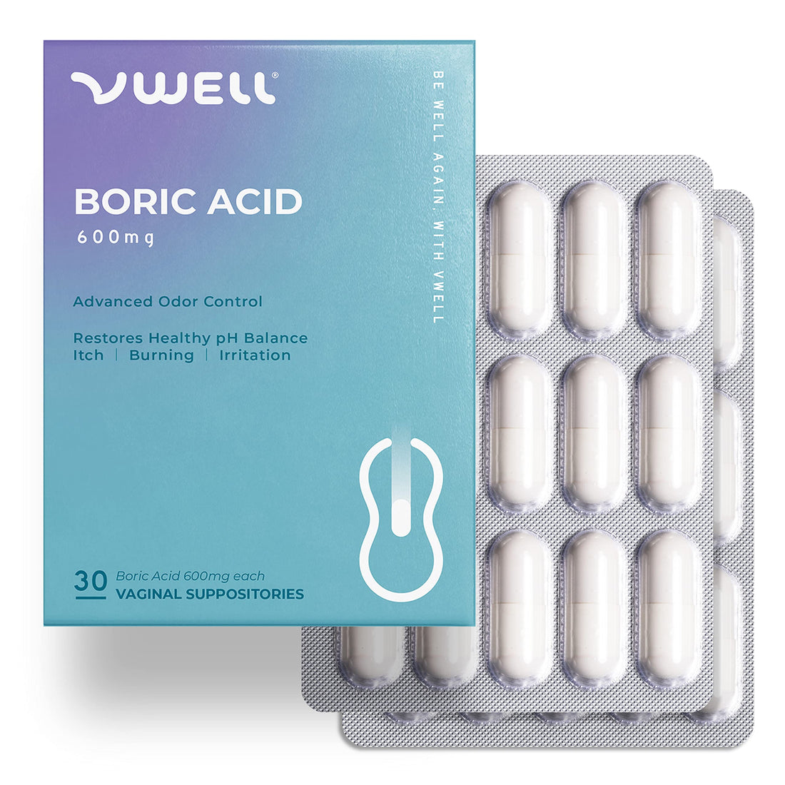 VWELL Boric Acid Vaginal Suppositories 30 Counts Blister Pack - Maintains and Balances Healthy