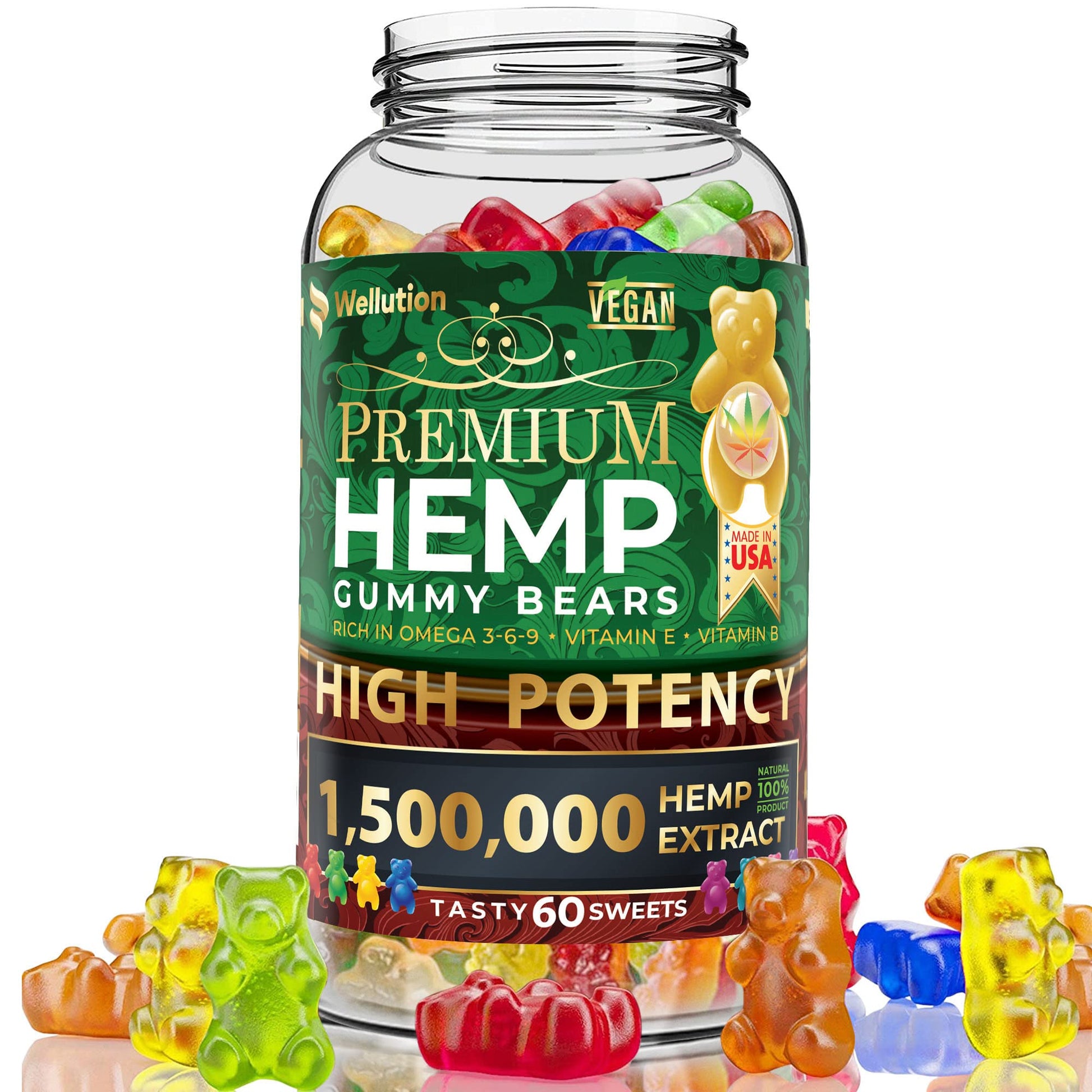 Wellution Hemp Gummies 1,500,000 XXL High Potency - Fruity Gummy Bear with Hemp Oil