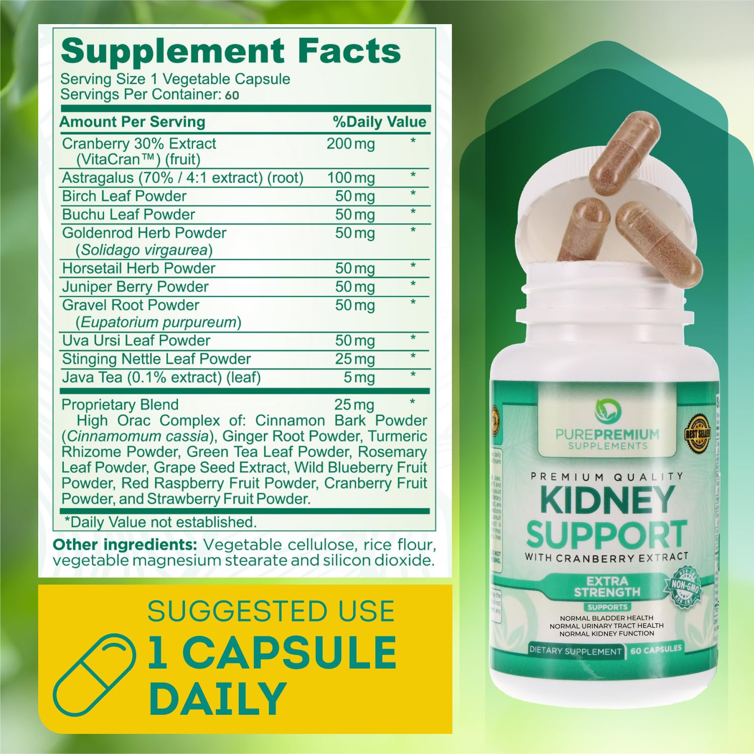PurePremium Kidney Support Supplement with Cranberry Extract - Kidney Cleanse, Detox