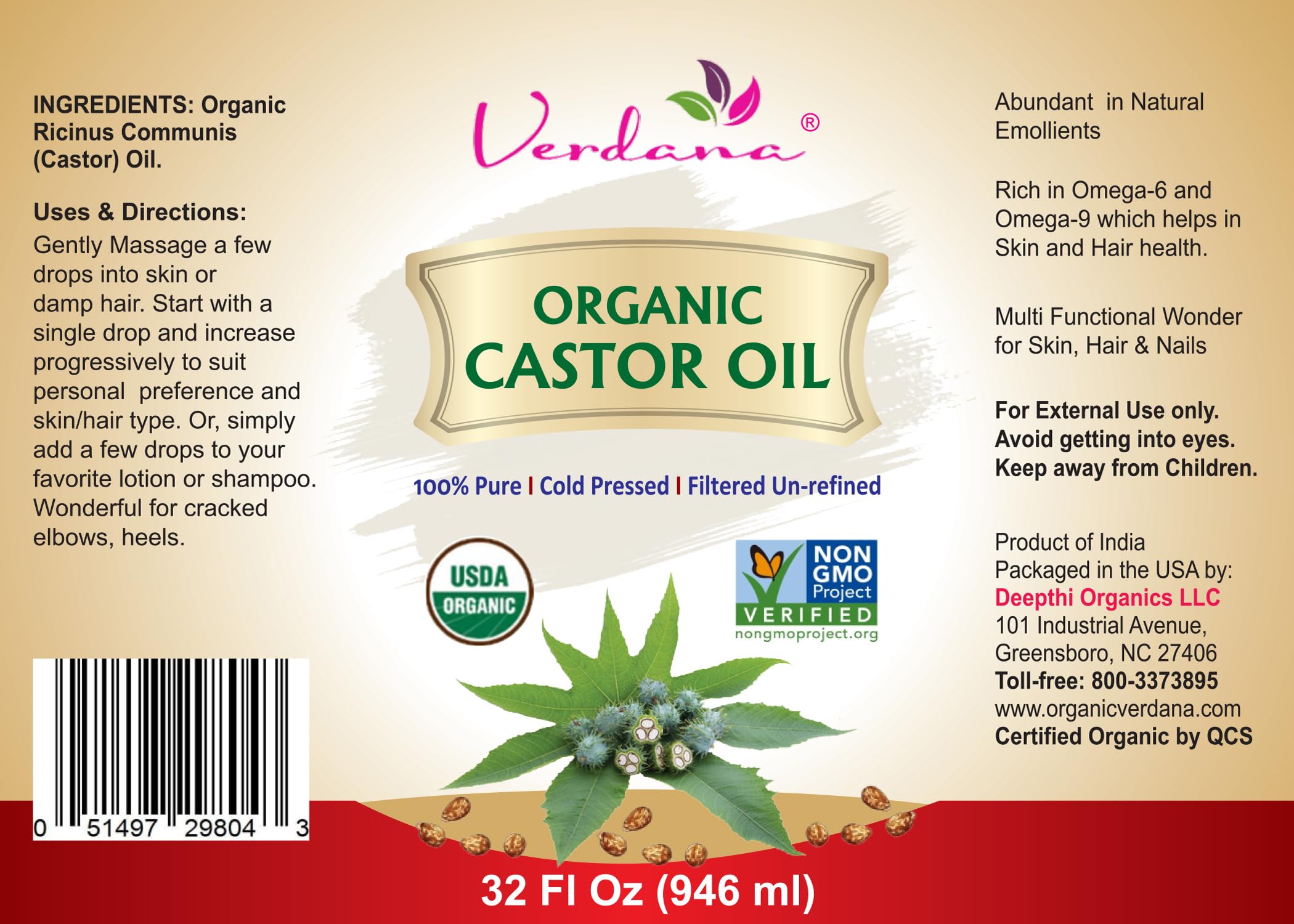 Verdana Organic Castor Oil – USDA Certified Organic – Cold Pressed, Unrefined, 100% Pure and Hexane Verdana