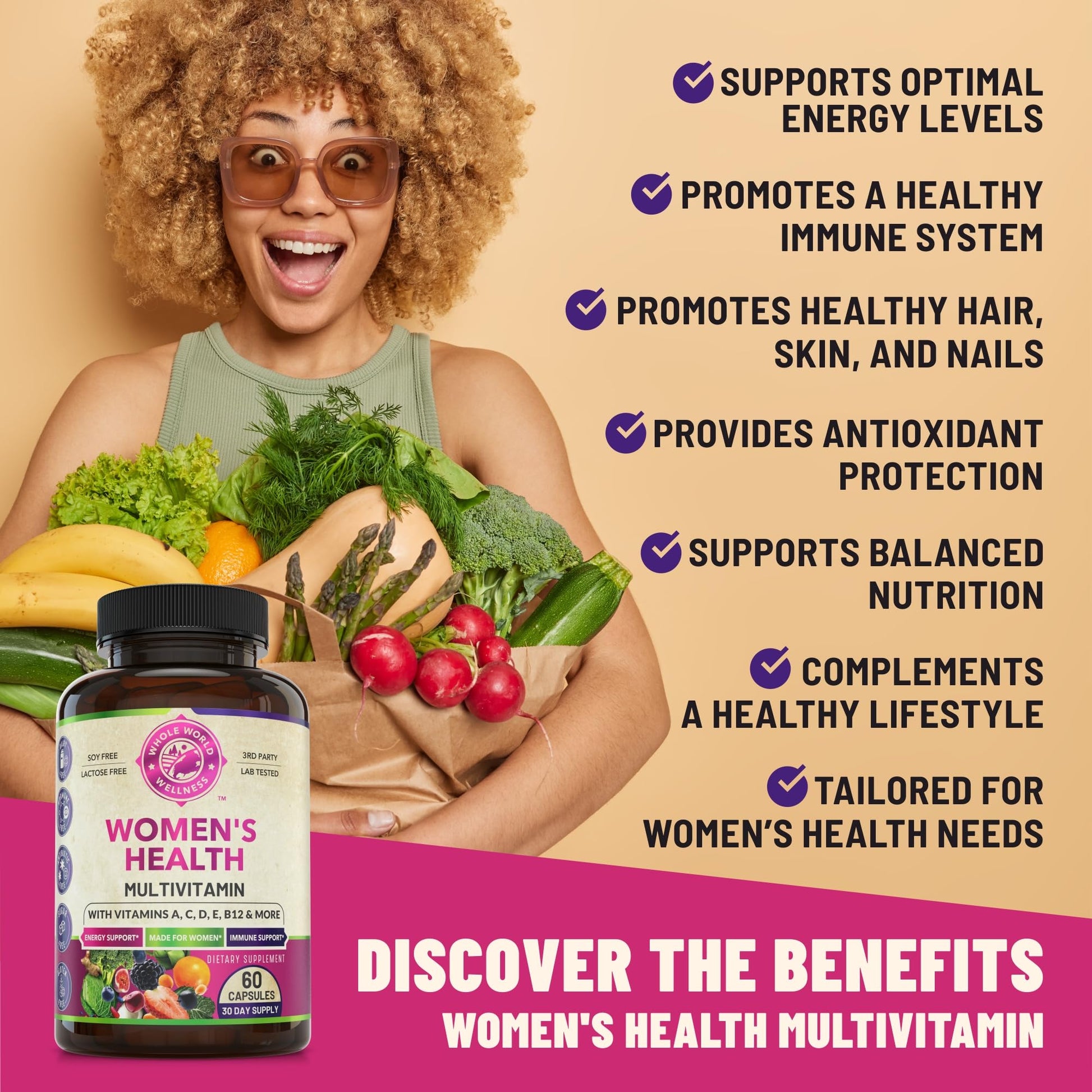 Womens Daily Multivitamins & Multimineral Supplement for Energy, Mood, Focus, Hair WHOLE WORLD WELLNESS