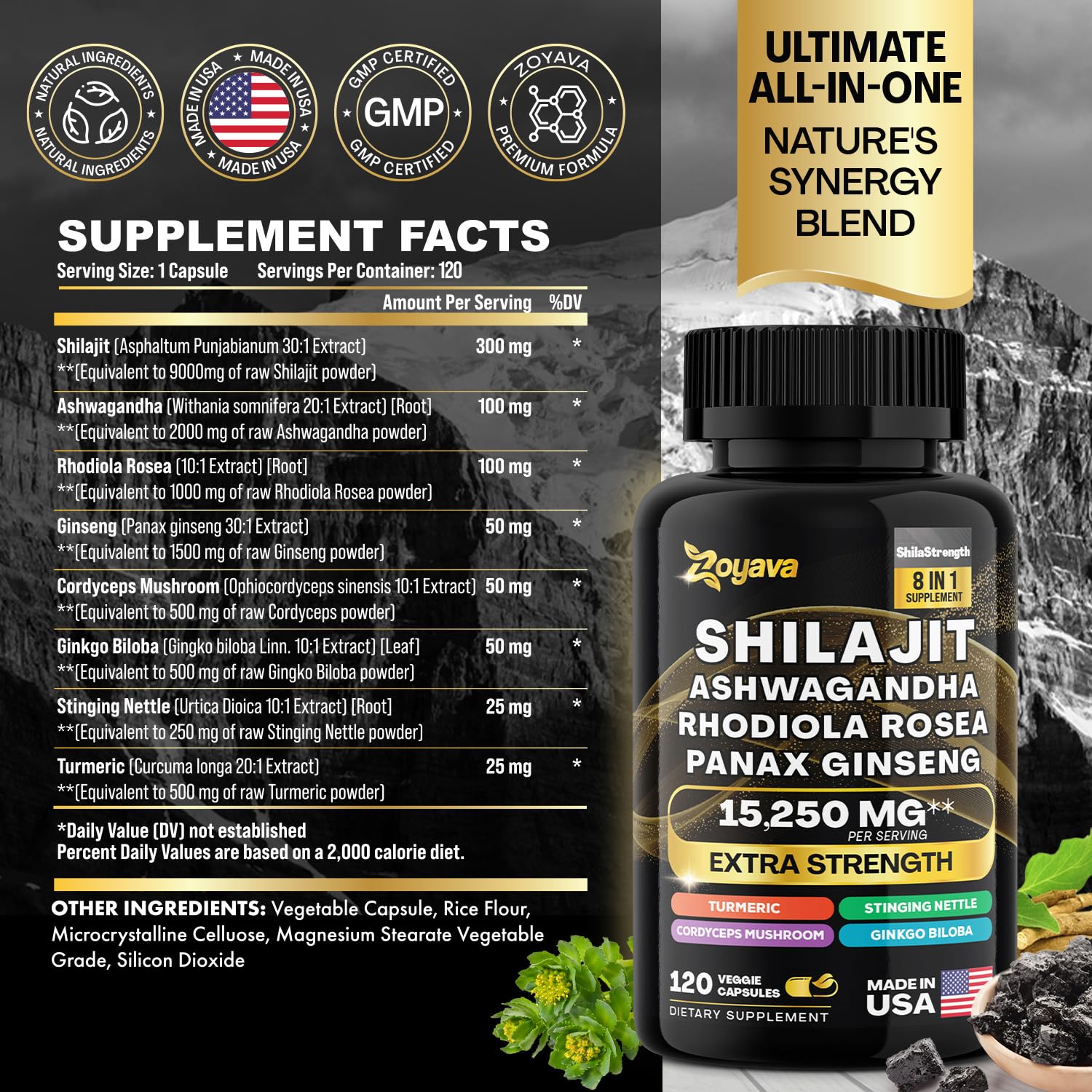 Zoyava Shilajit 9000MG Radiant Health Blend Ashwagandha 2000MG Rhodiola Rosea Zoyava