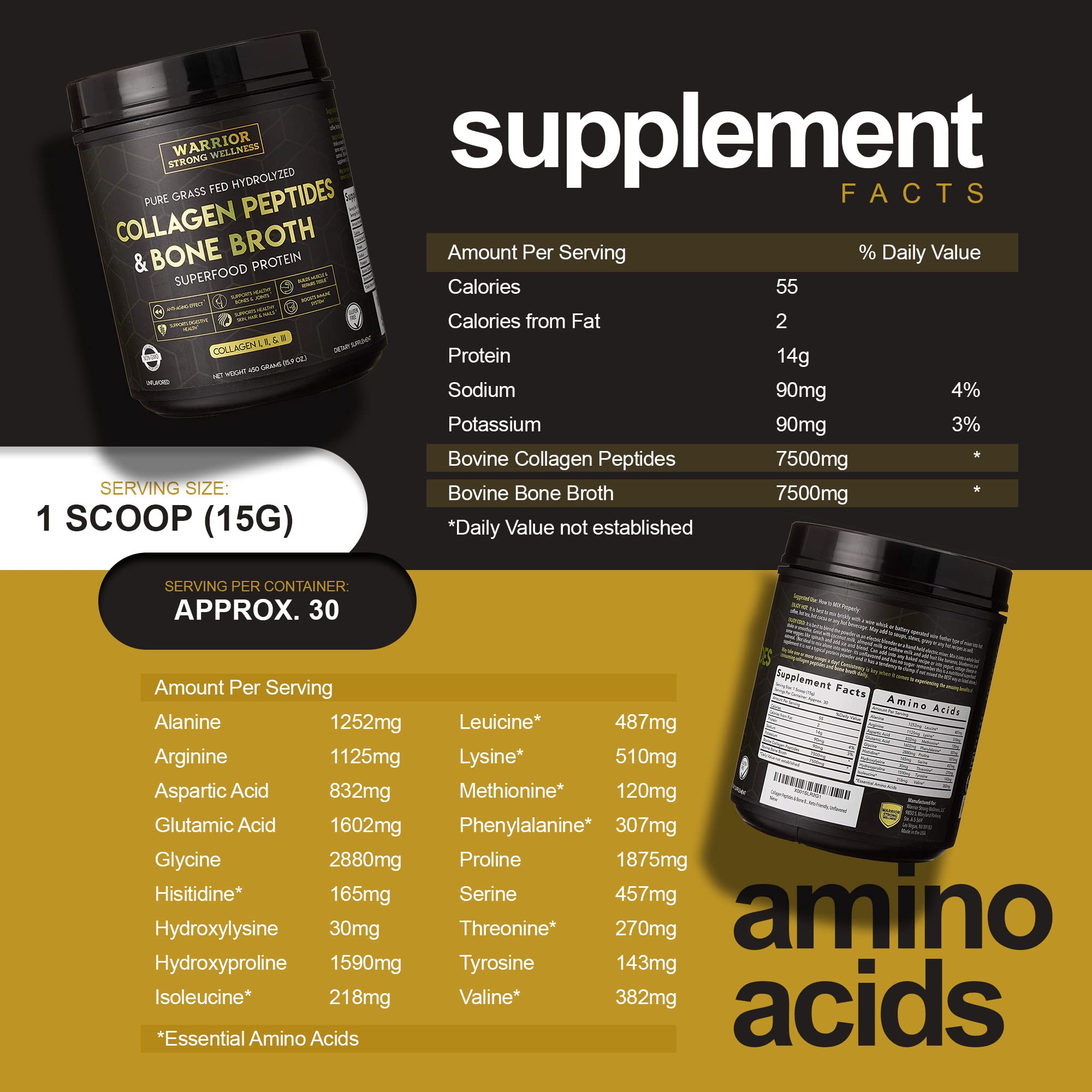 Warrior Strong Wellness Premium Collagen Peptides Bone Broth: Grass Fed Hydrolyzed Warrior Strong Wellness