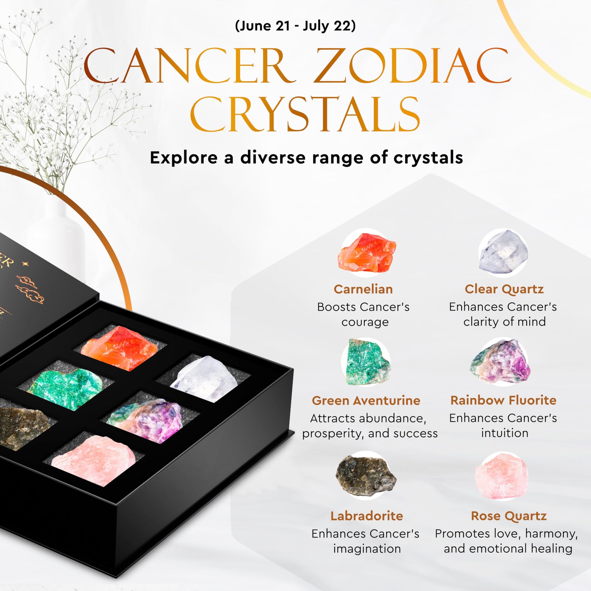 Wyspell Cancer Crystal Set - 6 Raw Cancer Crystals and Healing Stones - Cancer Zodiac Gifts for Women Wyspell