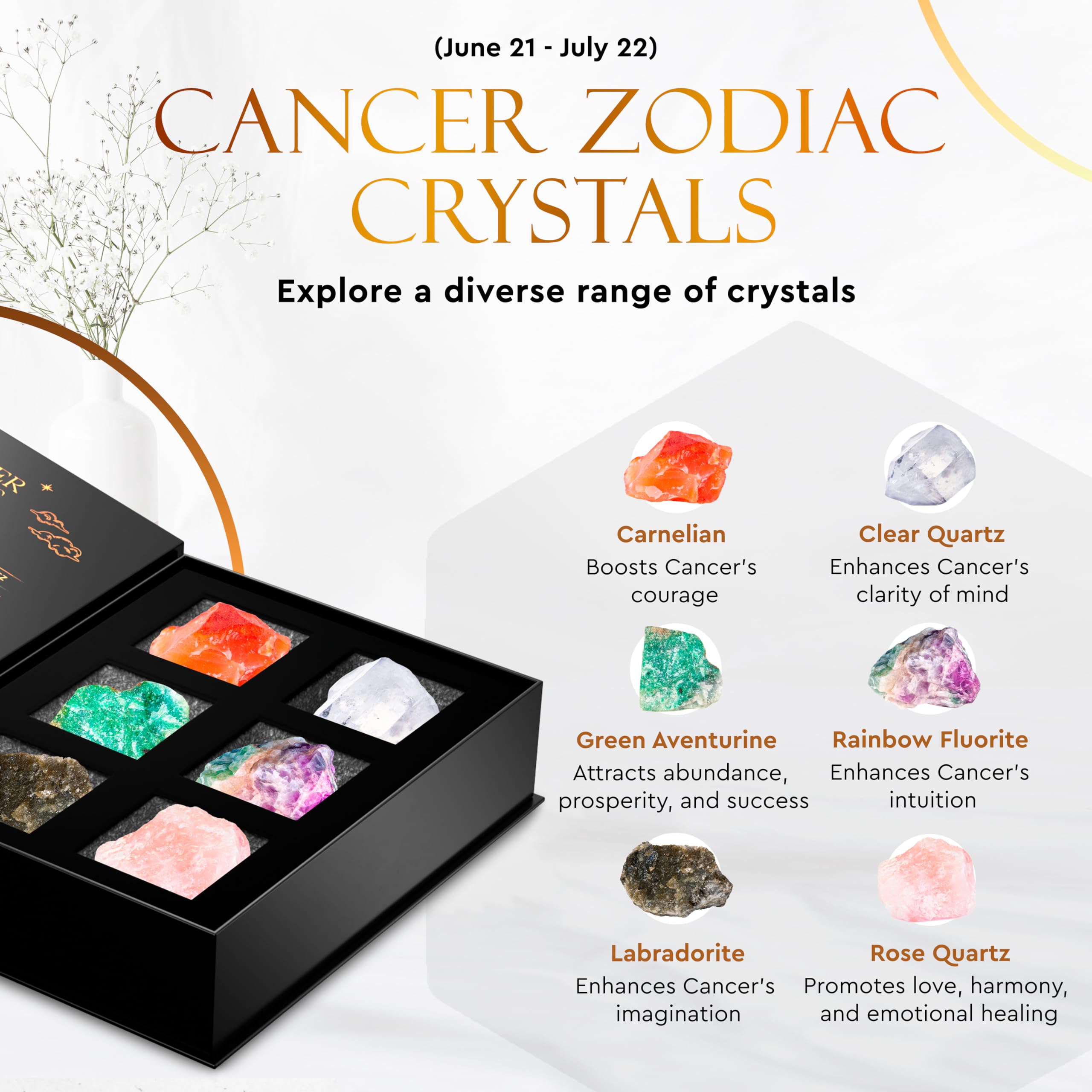 Wyspell Cancer Crystal Set - 6 Raw Cancer Crystals and Healing Stones - Cancer Zodiac Gifts for Women Wyspell