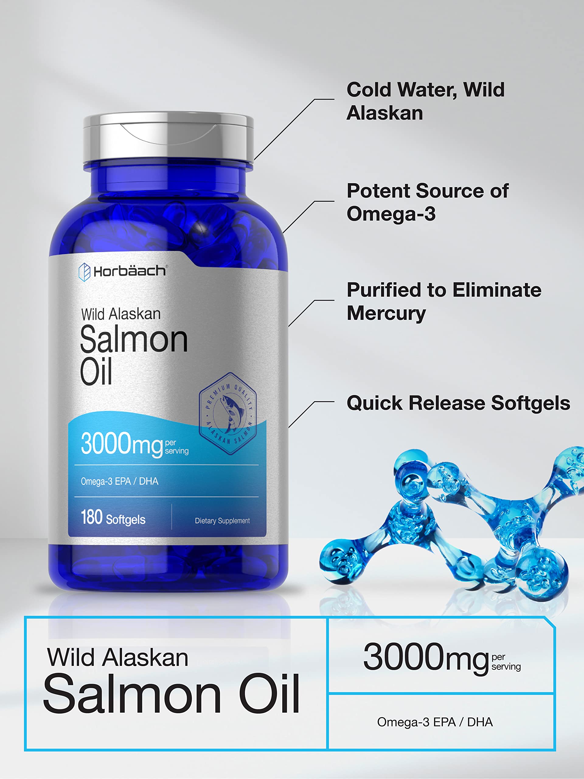 Wild Alaskan Salmon Fish Oil | 180 Softgel Capsules | Gluten Free, Non-GMO | High Potency Horbäach