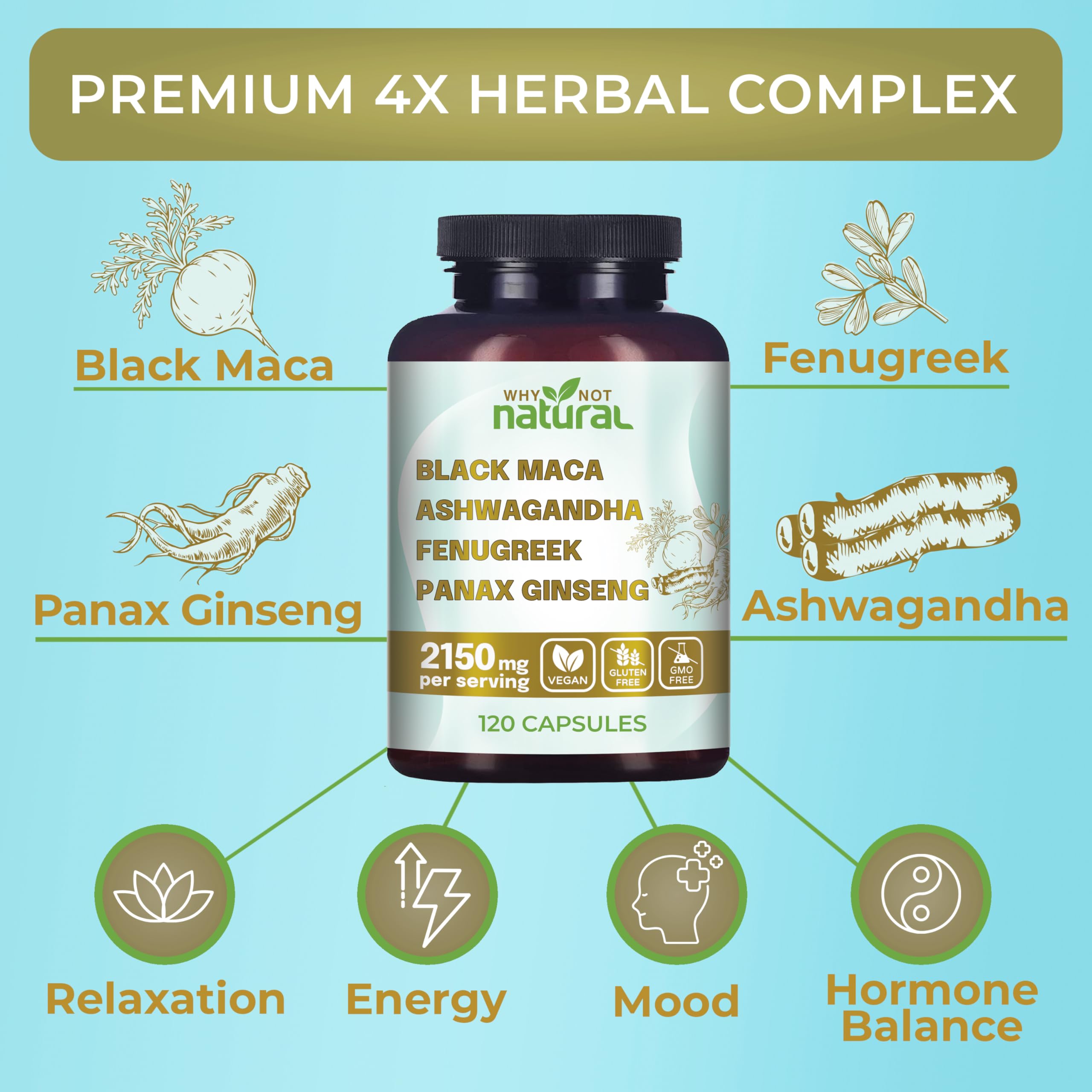 Why Not Natural 4-in-1 Organic Black Maca Root, Ashwagandha, Fenugreek, Panax Ginseng Capsules, Supplement for Men and Women (120 Count (Pack of 1) Why Not Natural