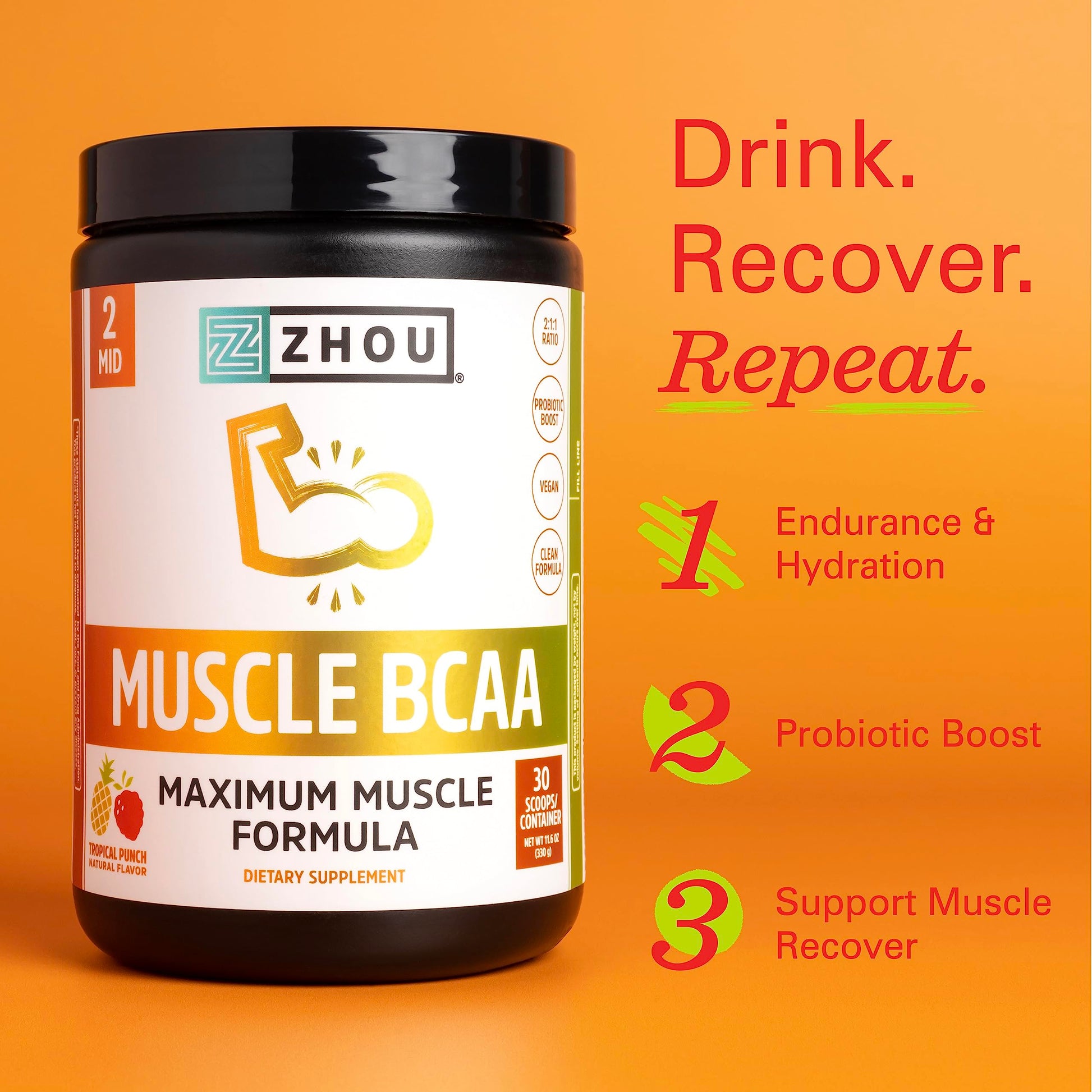 Zhou Nutrition Muscle BCAA Powder, Vegan Muscle Recovery, Natural, Clean Formula Zhou Nutrition