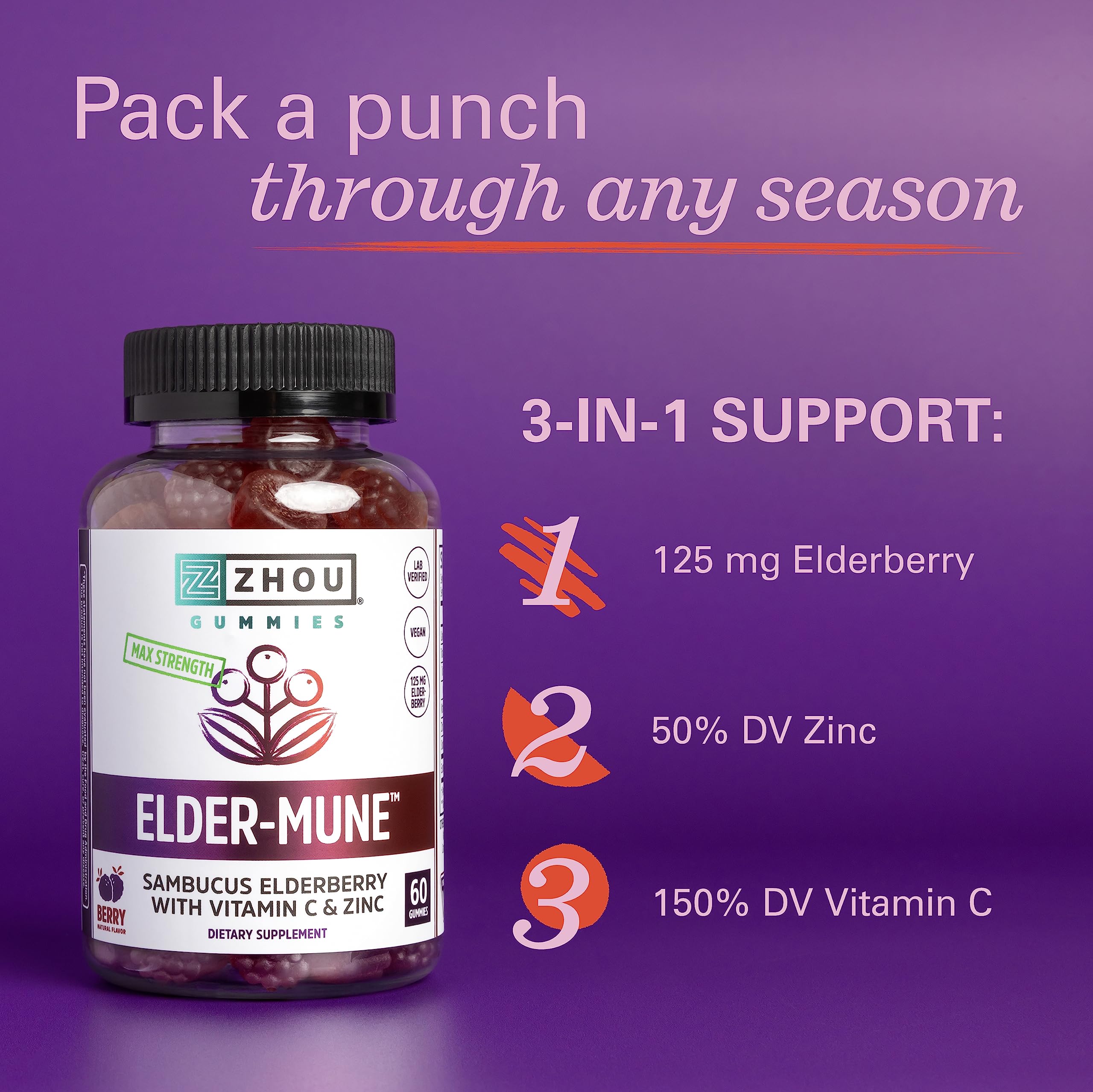 Zhou Nutrition Elder-Mune Sambucus Elderberry Gummies with Zinc and Vitamin C & vH Zhou Nutrition