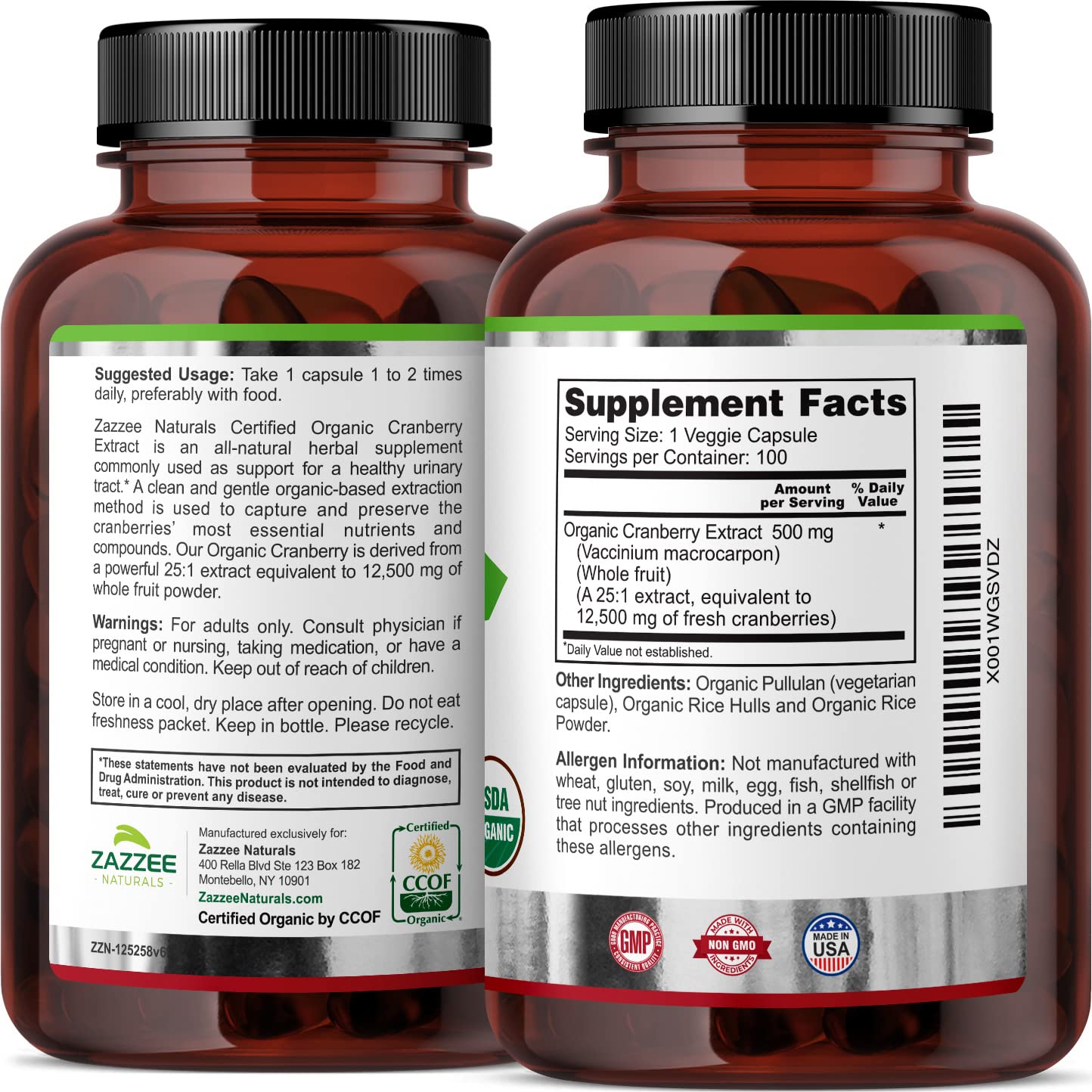 Zazzee USDA Organic Cranberry 25:1 Extract, 12,500 mg Strength, 100 Vegan Capsules Zazzee