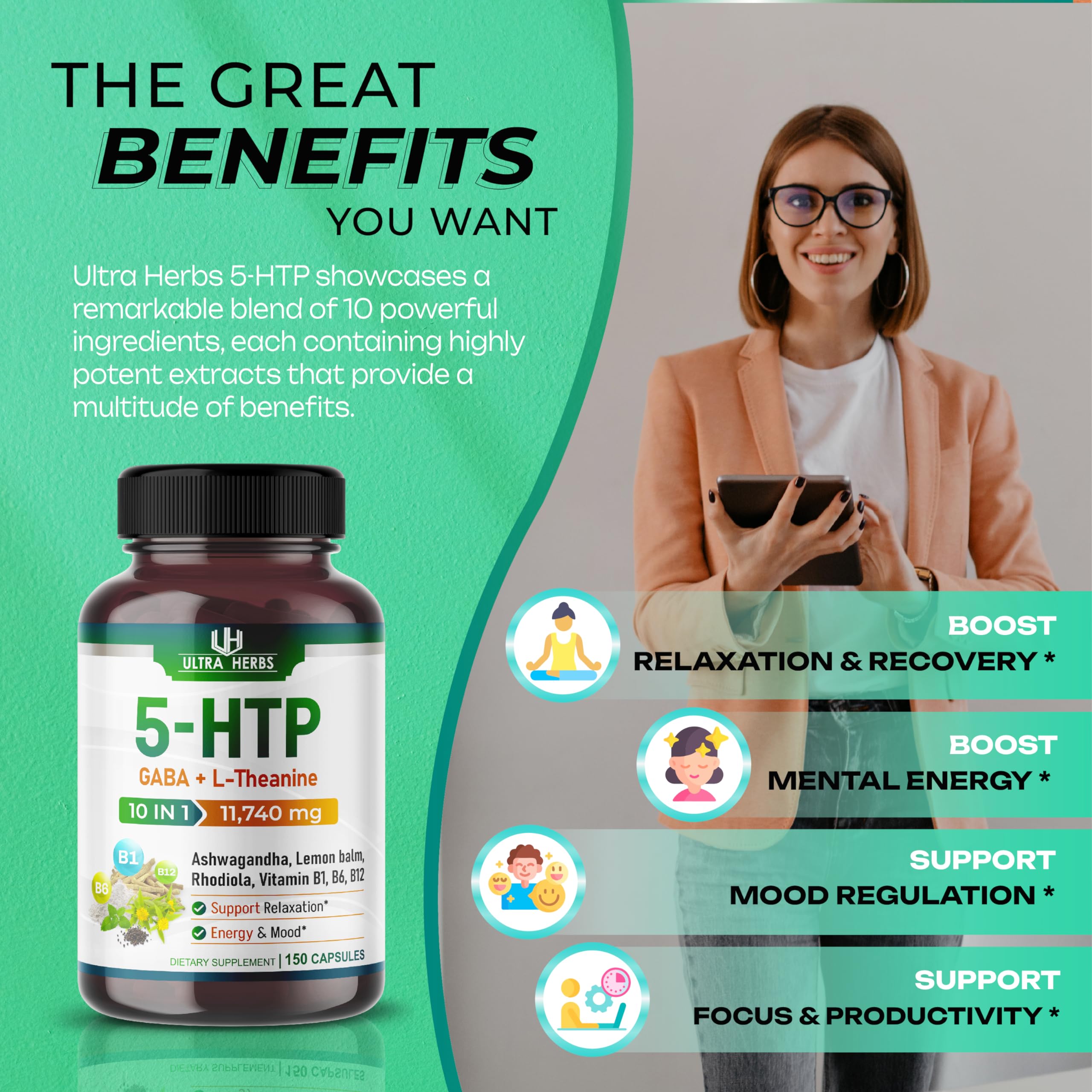 5-HTP Supplement 11,740mg 10 in 1 with GABA, L-Theanine, Ashwagandha, Rhodiola ULTRA HERBS