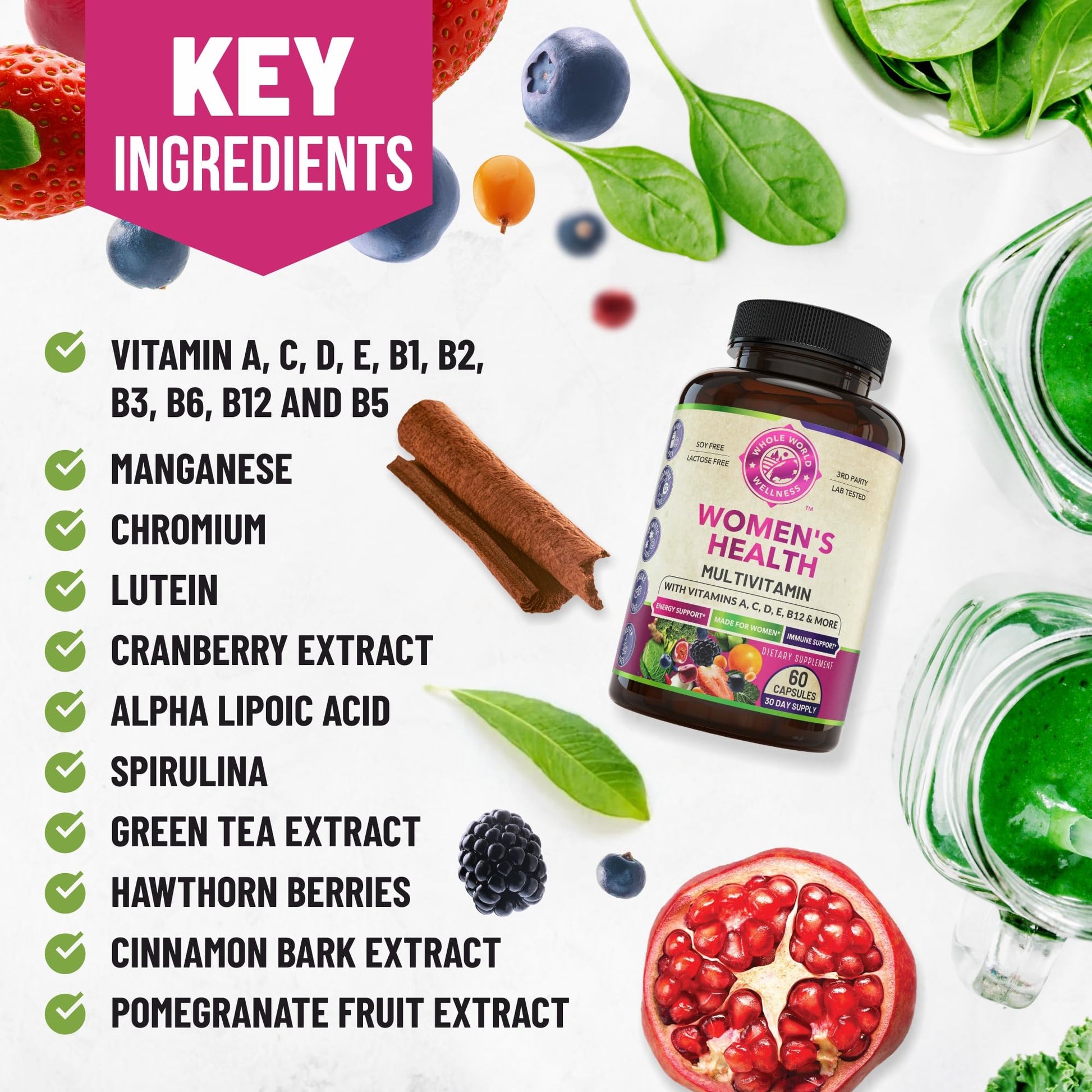 Womens Daily Multivitamins & Multimineral Supplement for Energy, Mood, Focus, Hair WHOLE WORLD WELLNESS