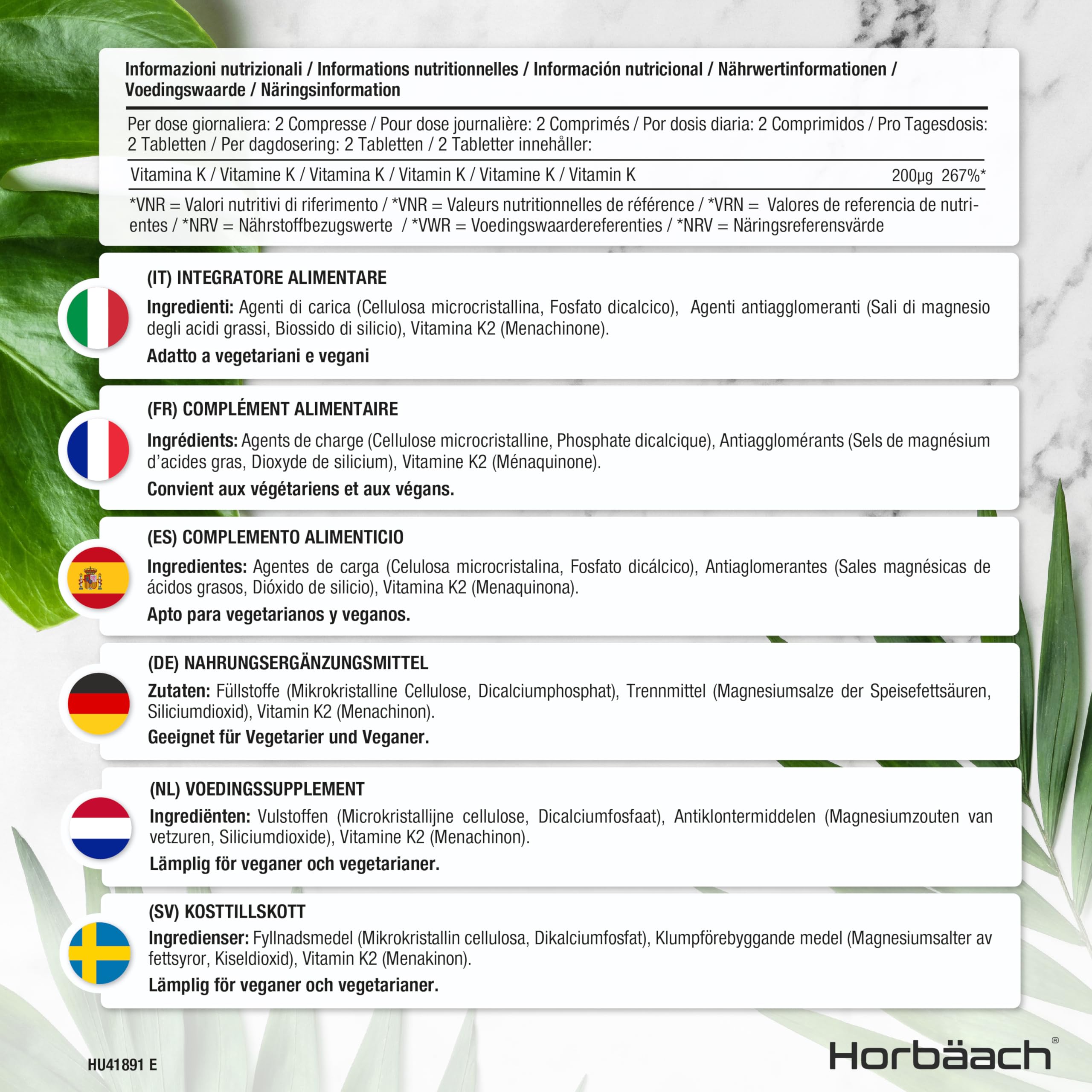 Vitamin K2 MK7 200ug | 365 Vegan Tablets | High Strength Menaquinone MK-7 Horbäach