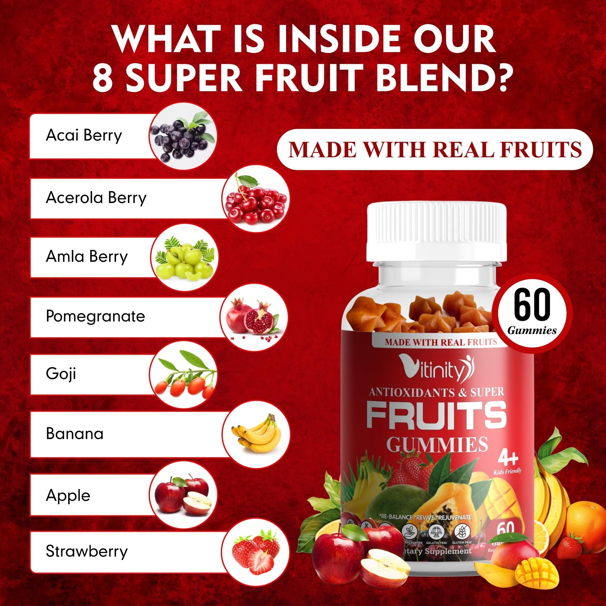 VITINITY Made with Real Super Fruits Delicious Gummy Supplement,Men,Women & Kids VITINITY