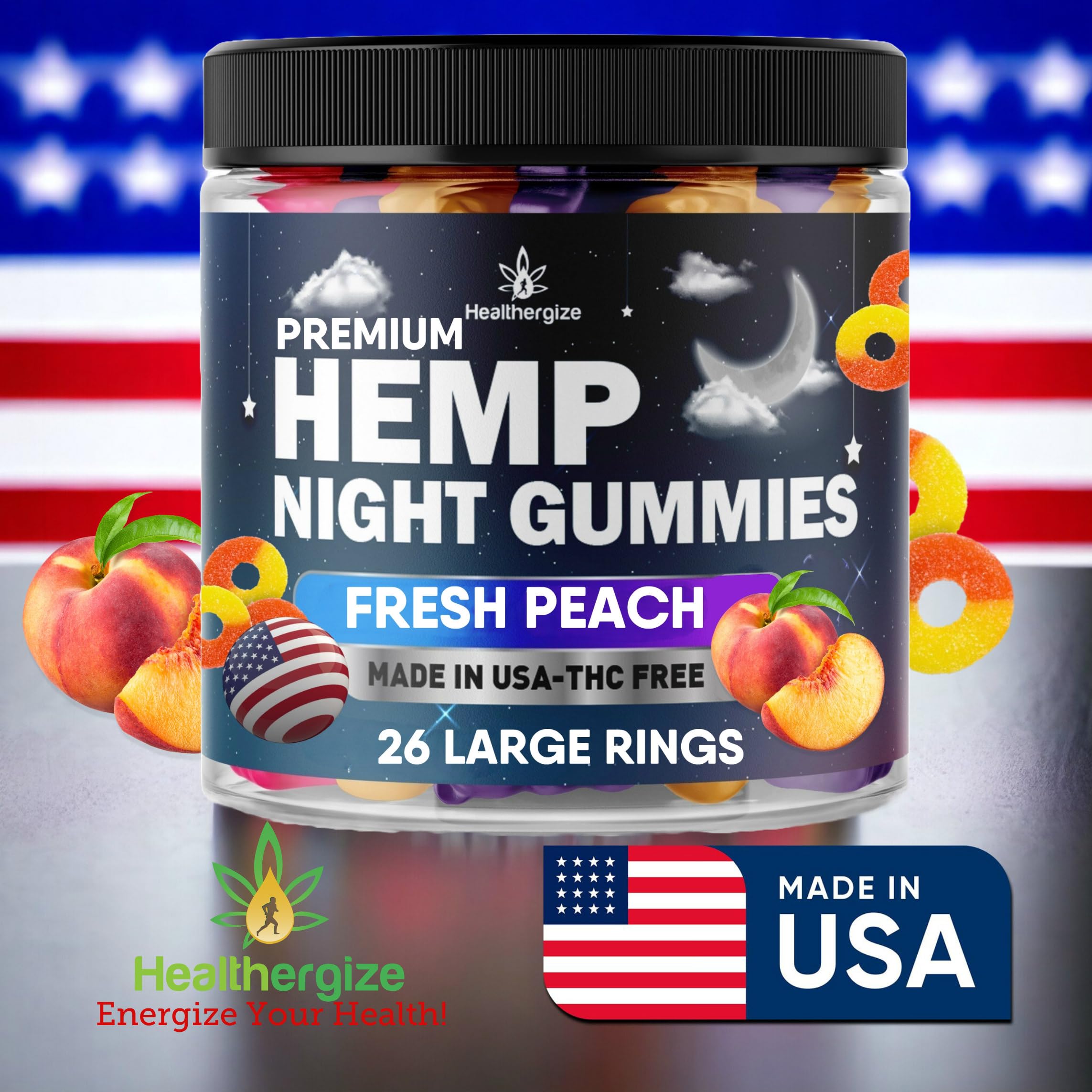 Healthergize Hemp Gummies Night-Time, High Potency Nap Gummies, Peace and Relaxation