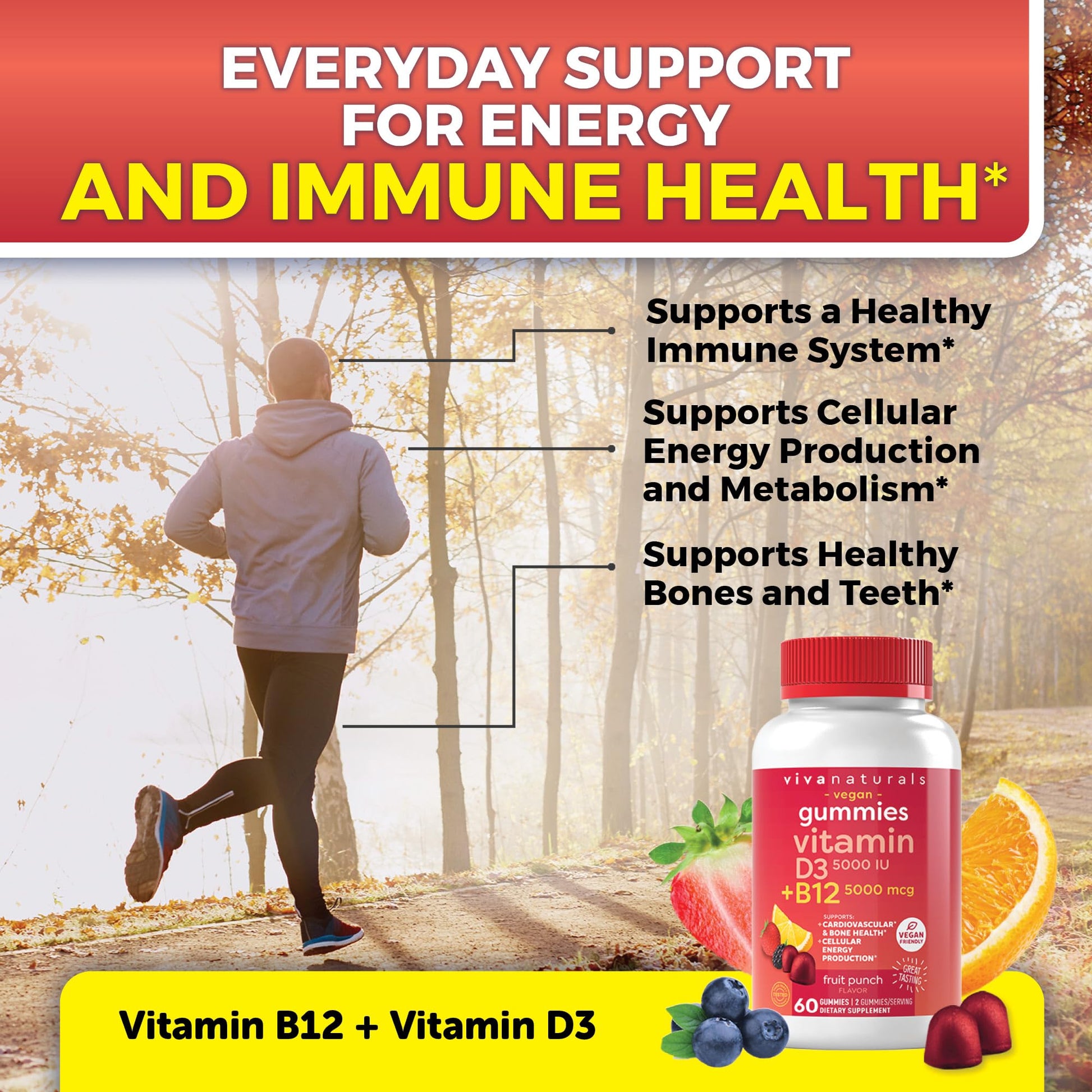 Viva Naturals Plant-Based B12 Gummies with Vitamin D3 - Chewable 5000mcg B12 Viva Naturals