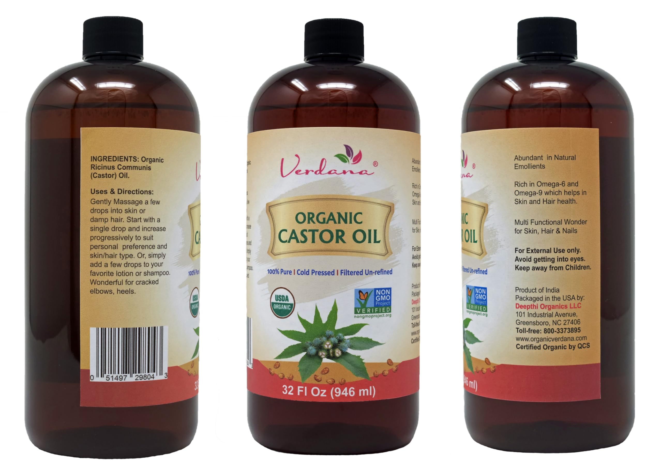 Verdana Organic Castor Oil – USDA Certified Organic – Cold Pressed, Unrefined, 100% Pure and Hexane Verdana