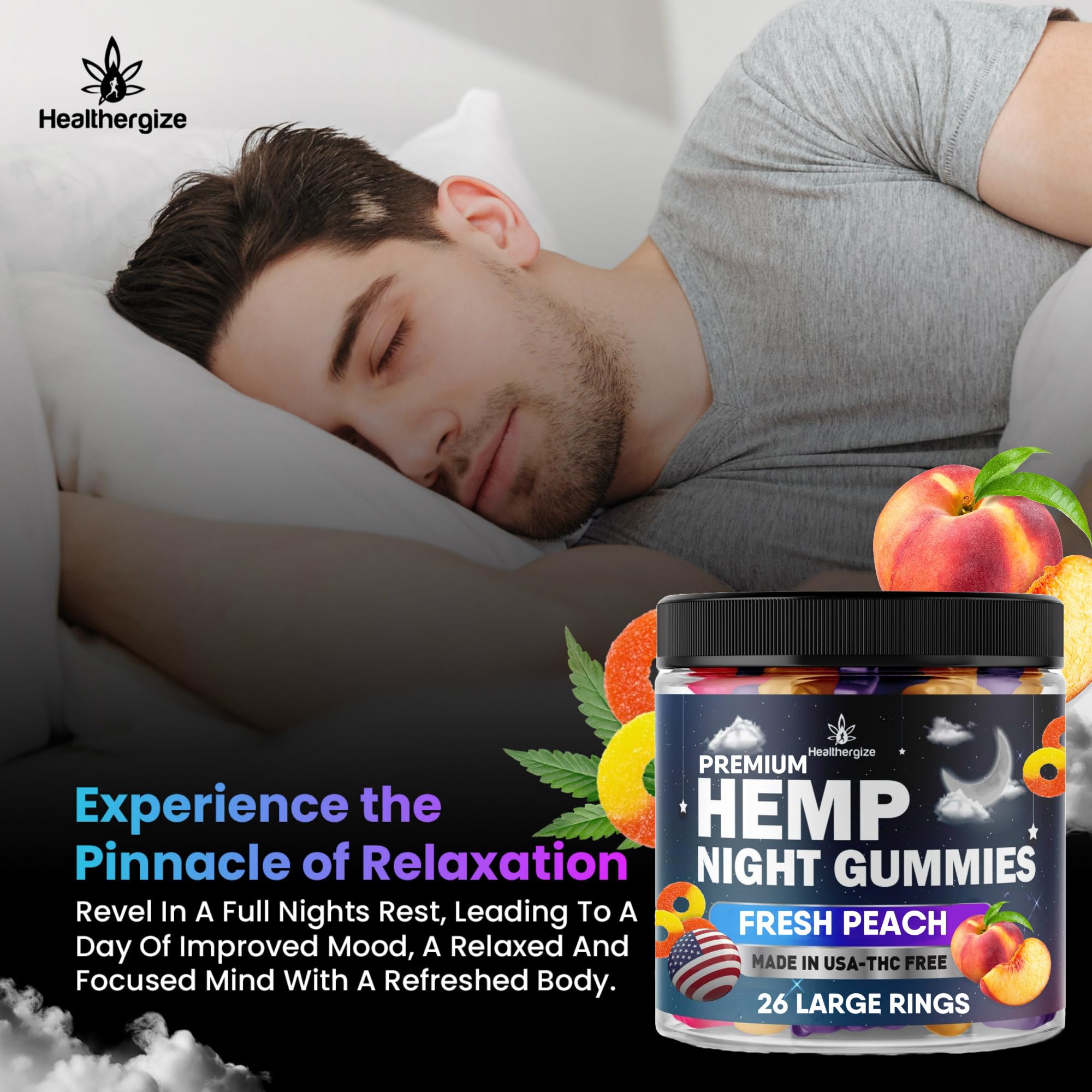 Healthergize Hemp Gummies Night-Time, High Potency Nap Gummies, Peace and Relaxation