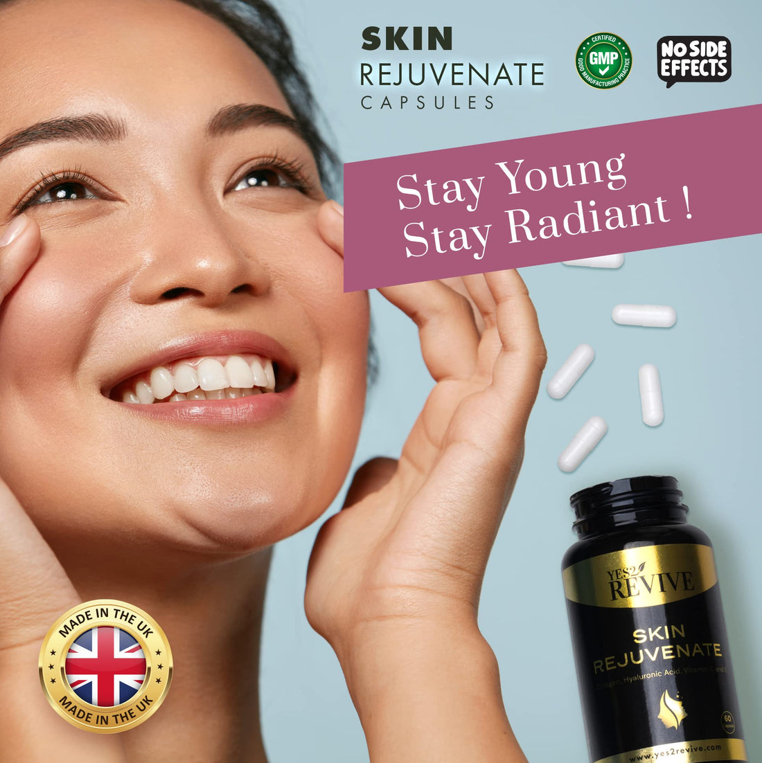 YES2 REVIVE Marine Collagen Capsules - Enhanced with Hyaluronic Acid Vitamin C & E Skin Rejuvenate 