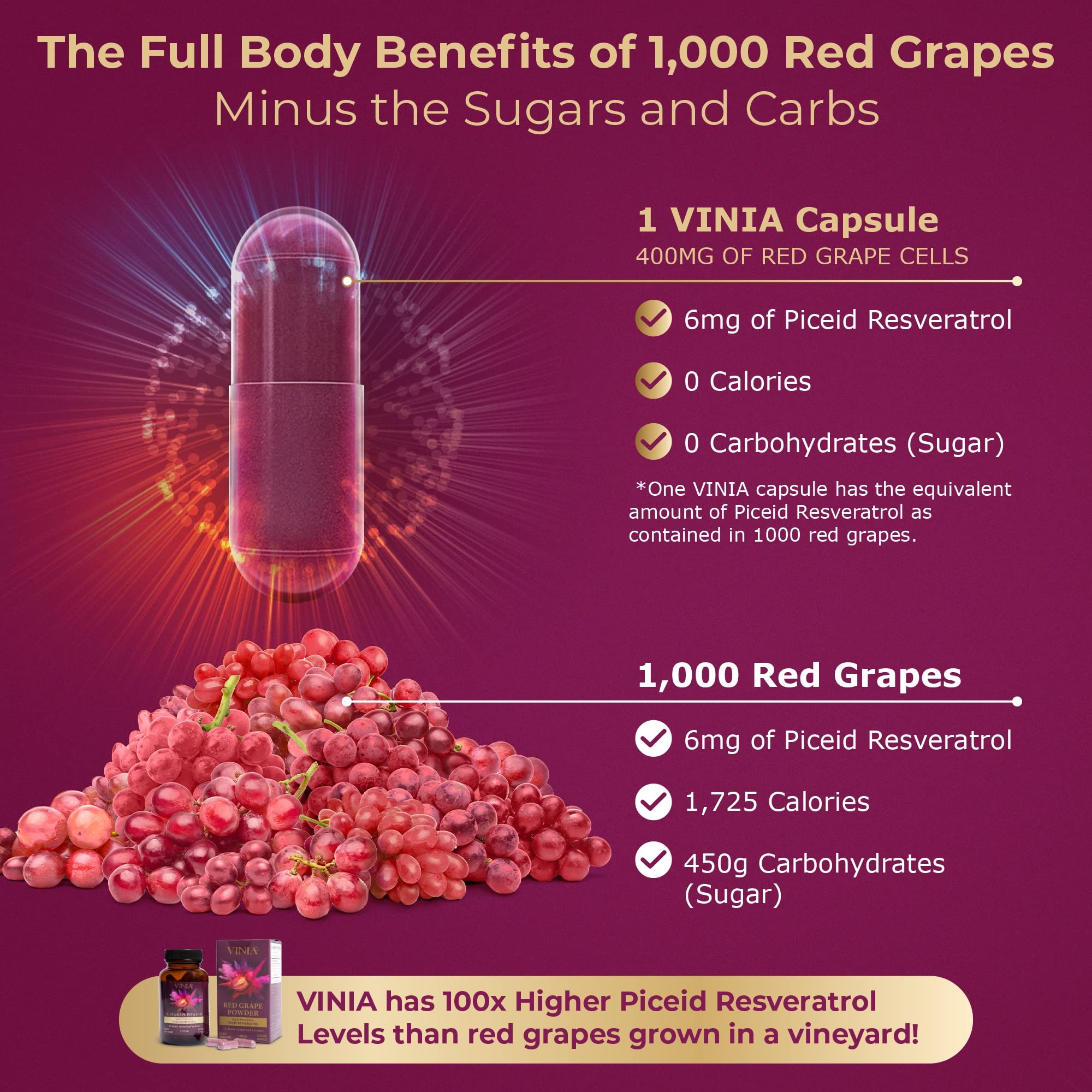 VINIA 12-Hour Sustained Release Piceid Resveratrol Supplement. Nitric Oxide Supplement VINIA