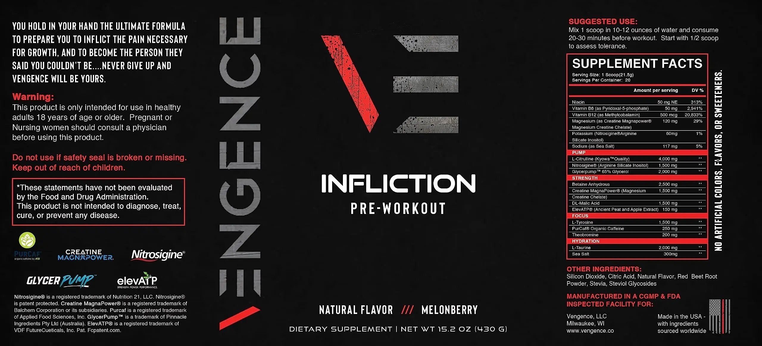 Vengence Infliction Pre-Workout Powder for Men & Women - Energy, Focus & Massive Pumps with Kyowa L-Citrulline, Nitrosigine, ElevATP, Creatine MagnaPower, & PurCaf Organic Caffeine (MELONBERRY)