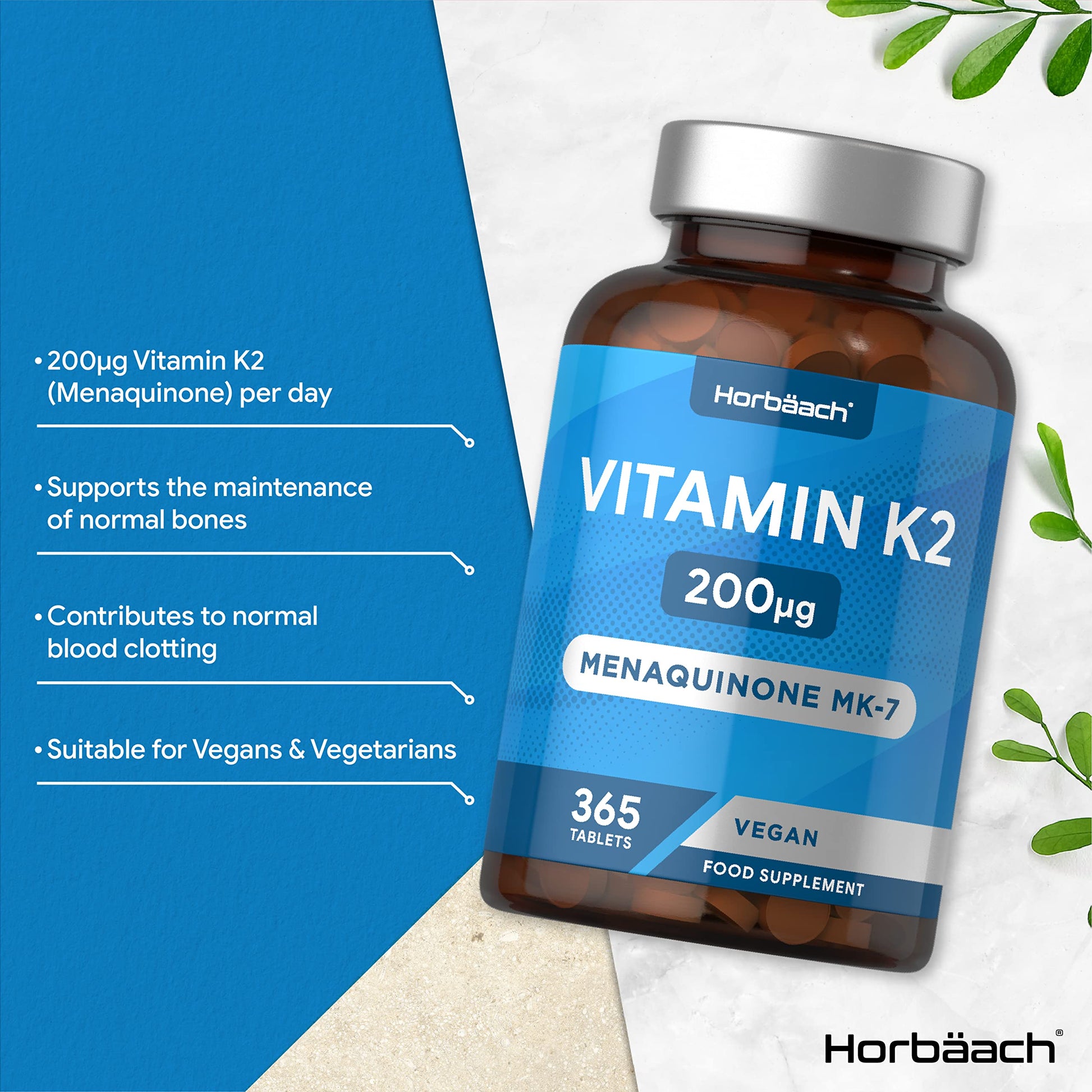 Vitamin K2 MK7 200ug | 365 Vegan Tablets | High Strength Menaquinone MK-7 Horbäach