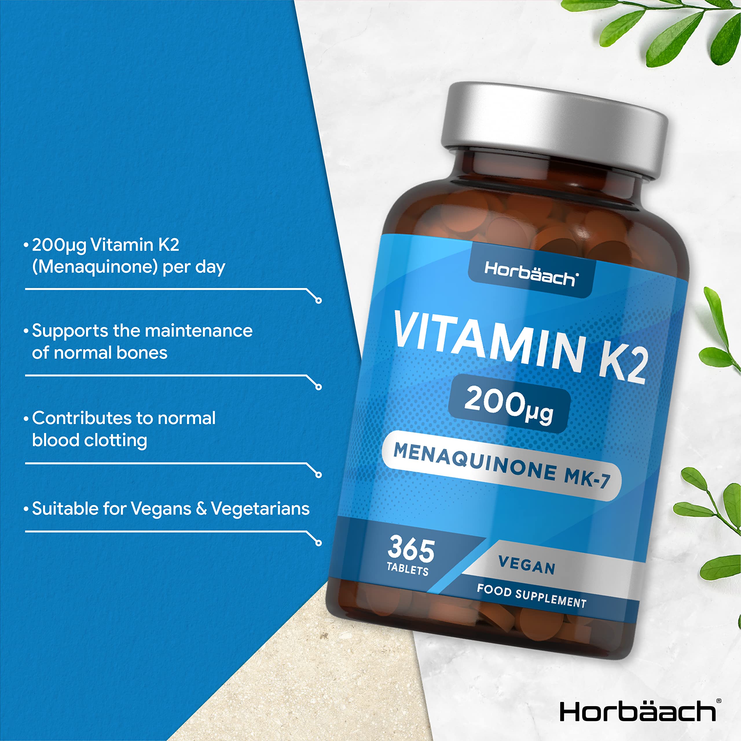 Vitamin K2 MK7 200ug | 365 Vegan Tablets | High Strength Menaquinone MK-7 Horbäach
