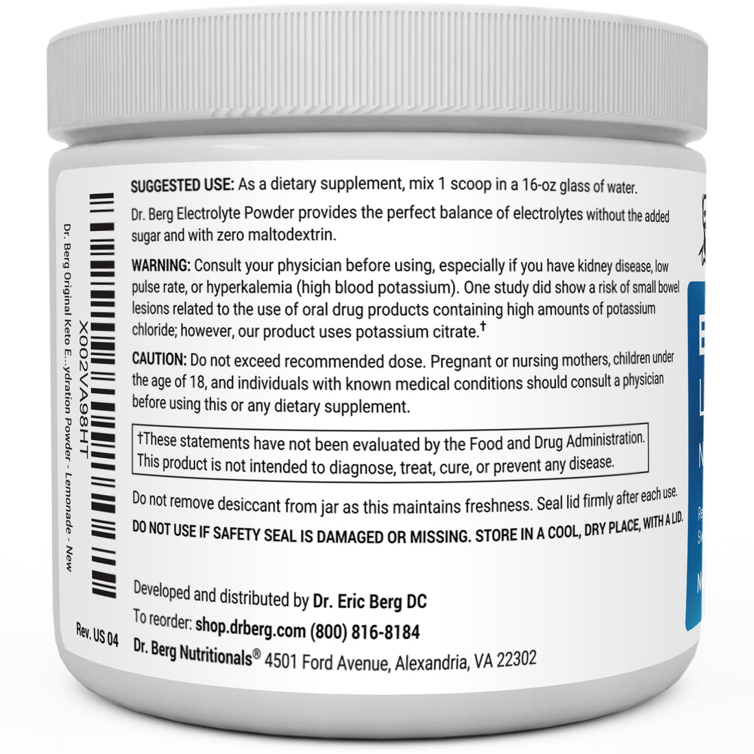 Dr. Berg Hydration Keto Electrolyte Powder - Enhanced w/ 1,000mg of Potassium & Real 