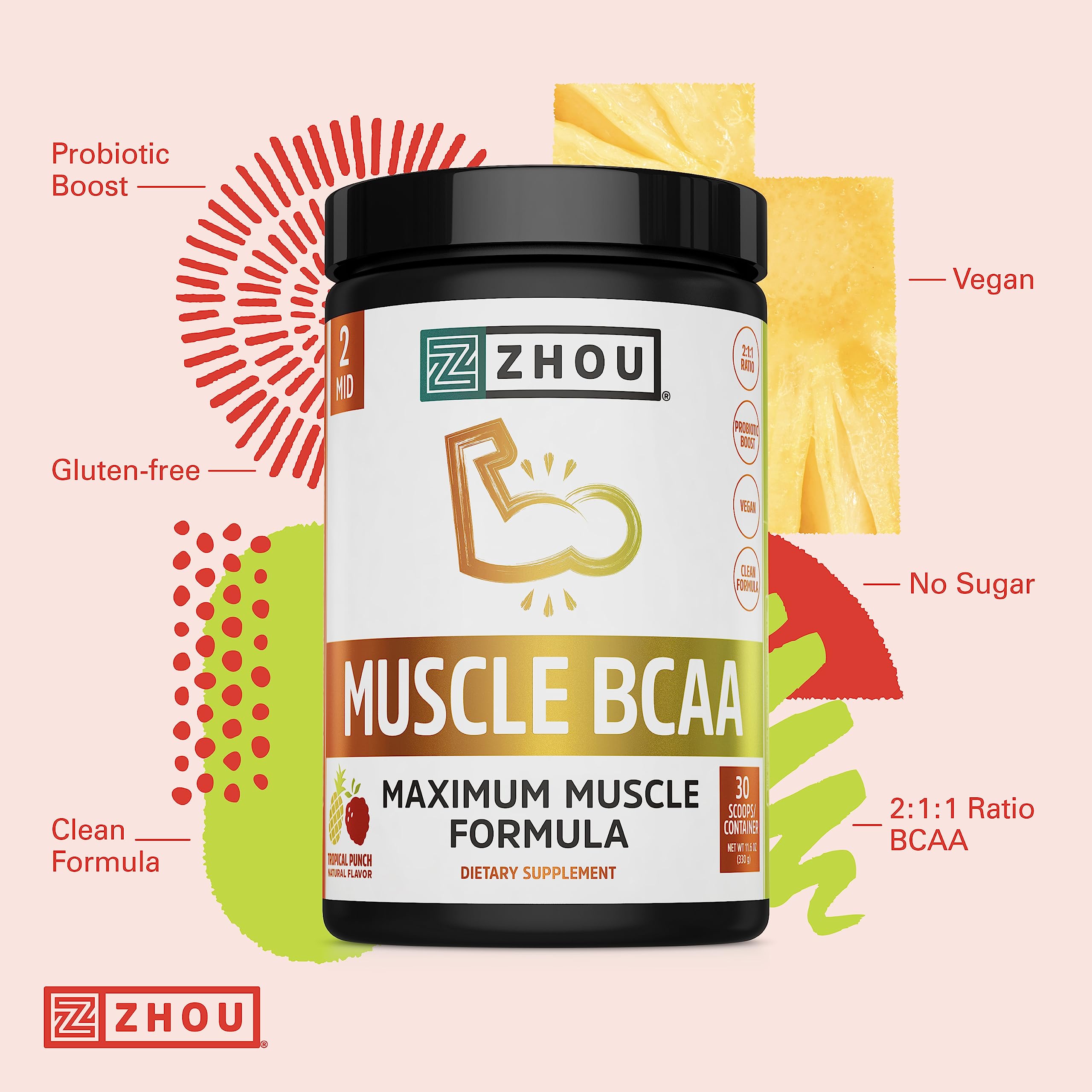 Zhou Nutrition Muscle BCAA Powder, Vegan Muscle Recovery, Natural, Clean Formula Zhou Nutrition