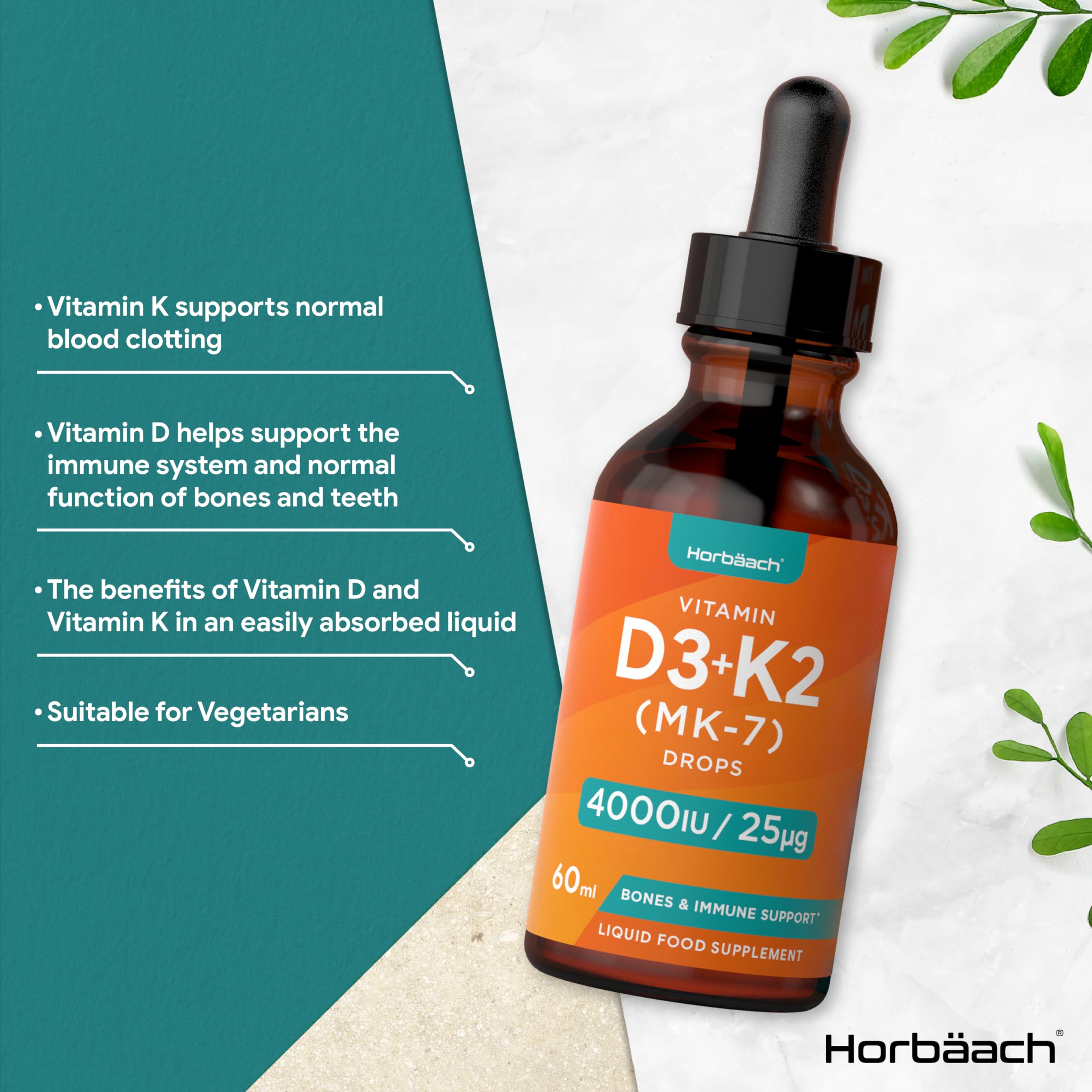 Vitamin D3 K2 Drops | 60mL | High Strength Vitamin D3 4000iu and K2 25ug | No Artificial Horbäach
