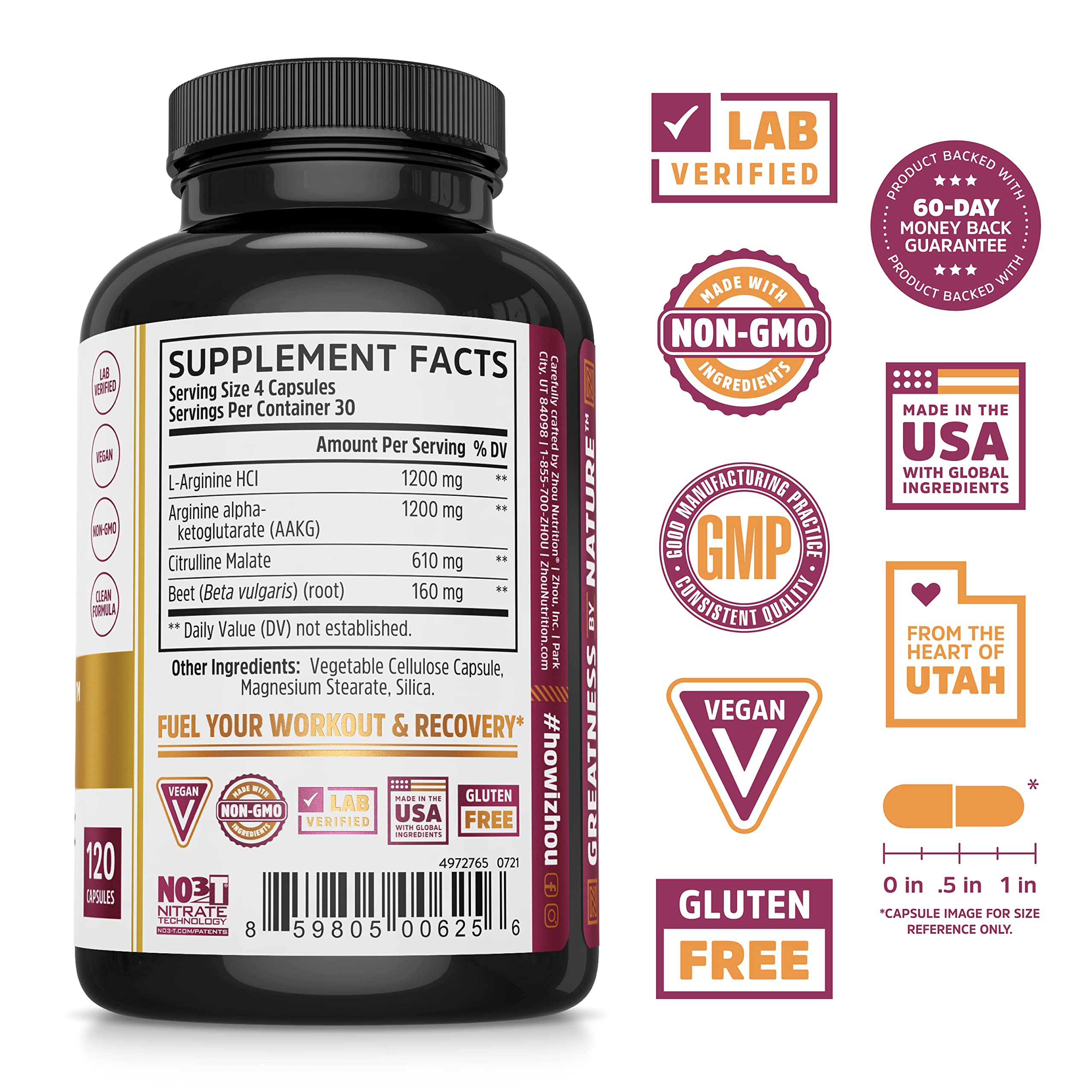 Zhou Nitric Oxide with L Arginine, Citrulline Malate, AAKG and Beet Root | Powerful N.O. Zhou Nutrition