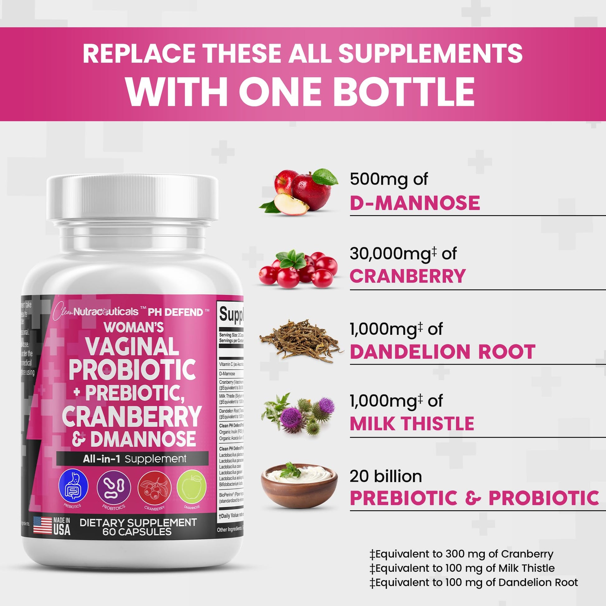 Vaginal Probiotics For Women + Prebiotics 20 Billion Cranberry Pills 30,000mg w/ D-Manno Clean Nutraceuticals