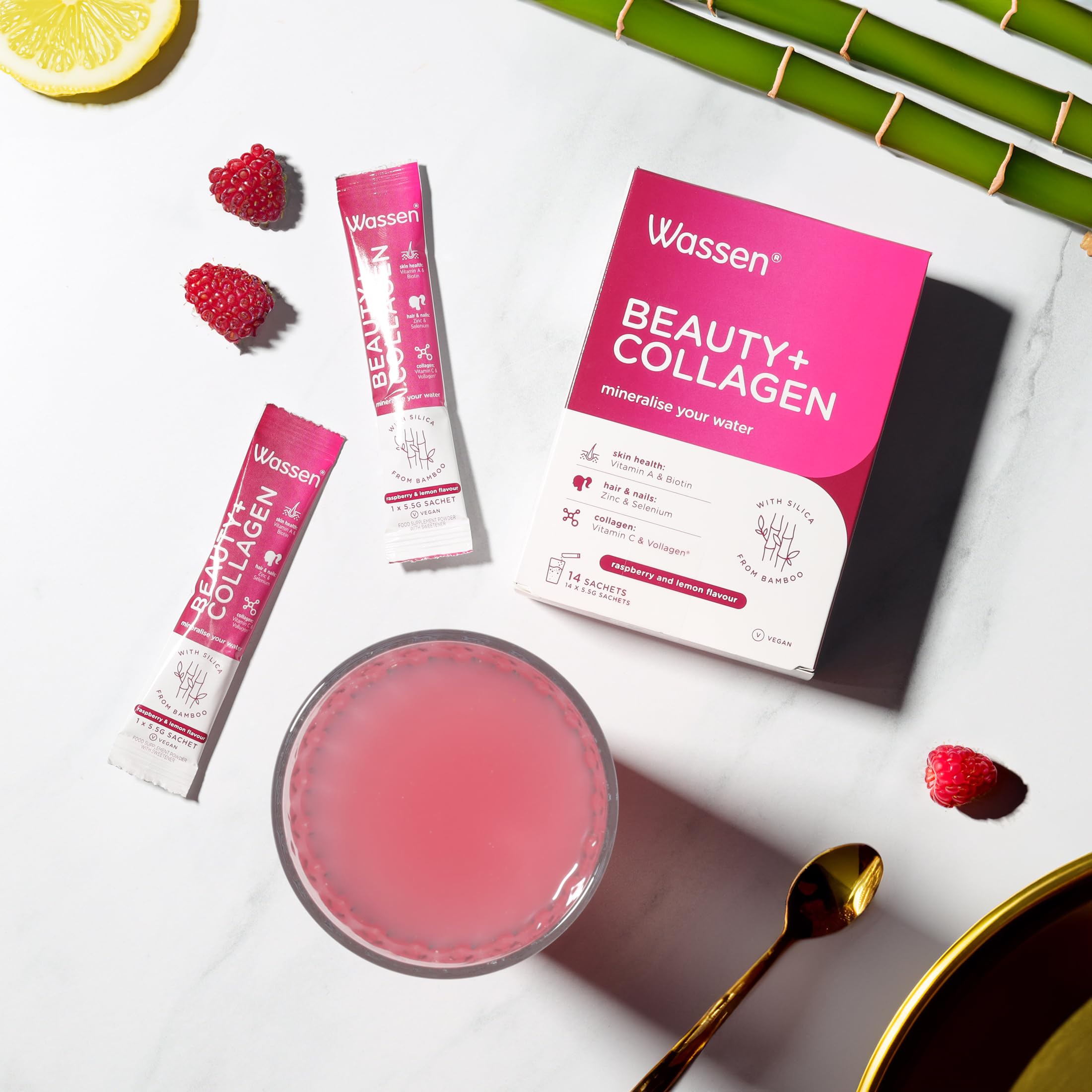 Wassen Beauty and Collagen - Plant-Based Vegan Collagen - 14 Raspberry & Lemon Flavoured Sachets Wassen