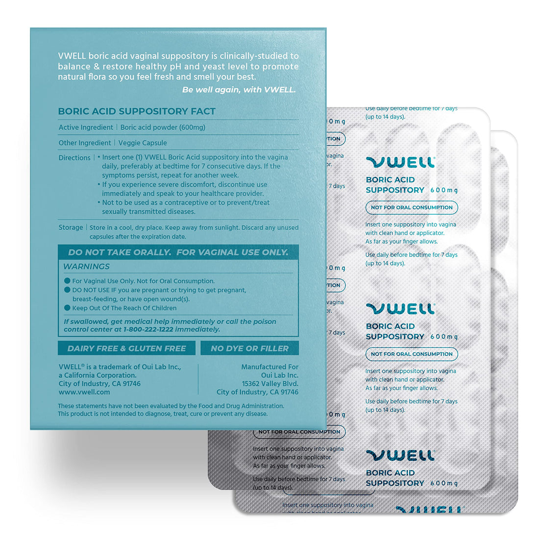 VWELL Boric Acid Vaginal Suppositories 30 Counts Blister Pack - Maintains and Balances Healthy