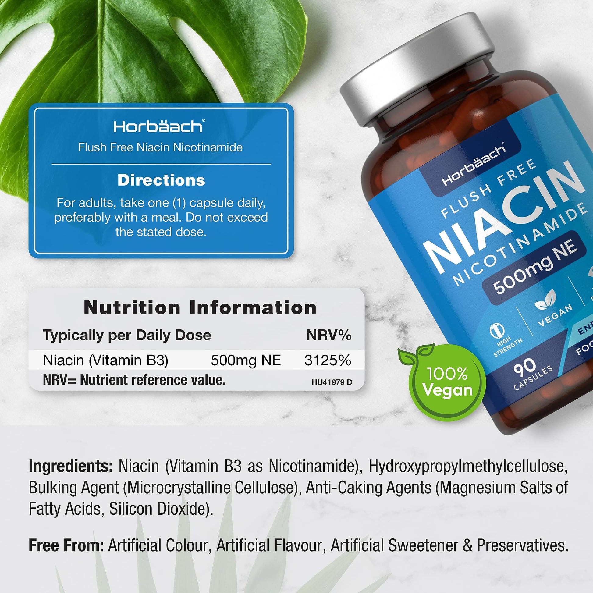 Vitamin B3 Niacin 500mg | 90 Vegan Capsules | Flush Free Nicotinamide Supplement Horbäach