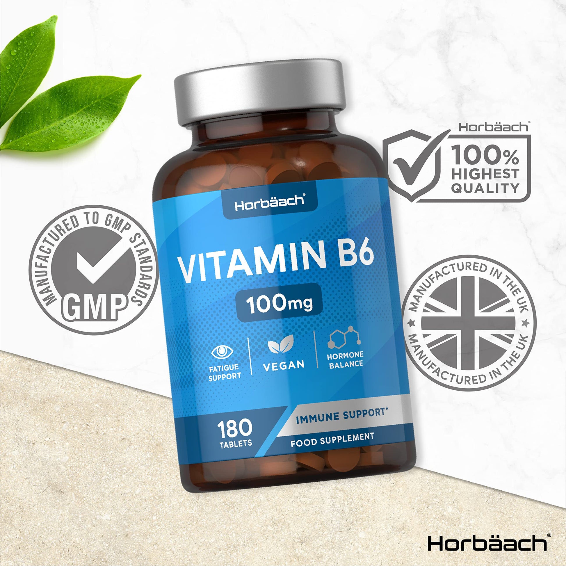 Vitamin B6 100mg | 180 High Strength Tablets | Regulation of Hormonal Activity & Fatigue Horbäach