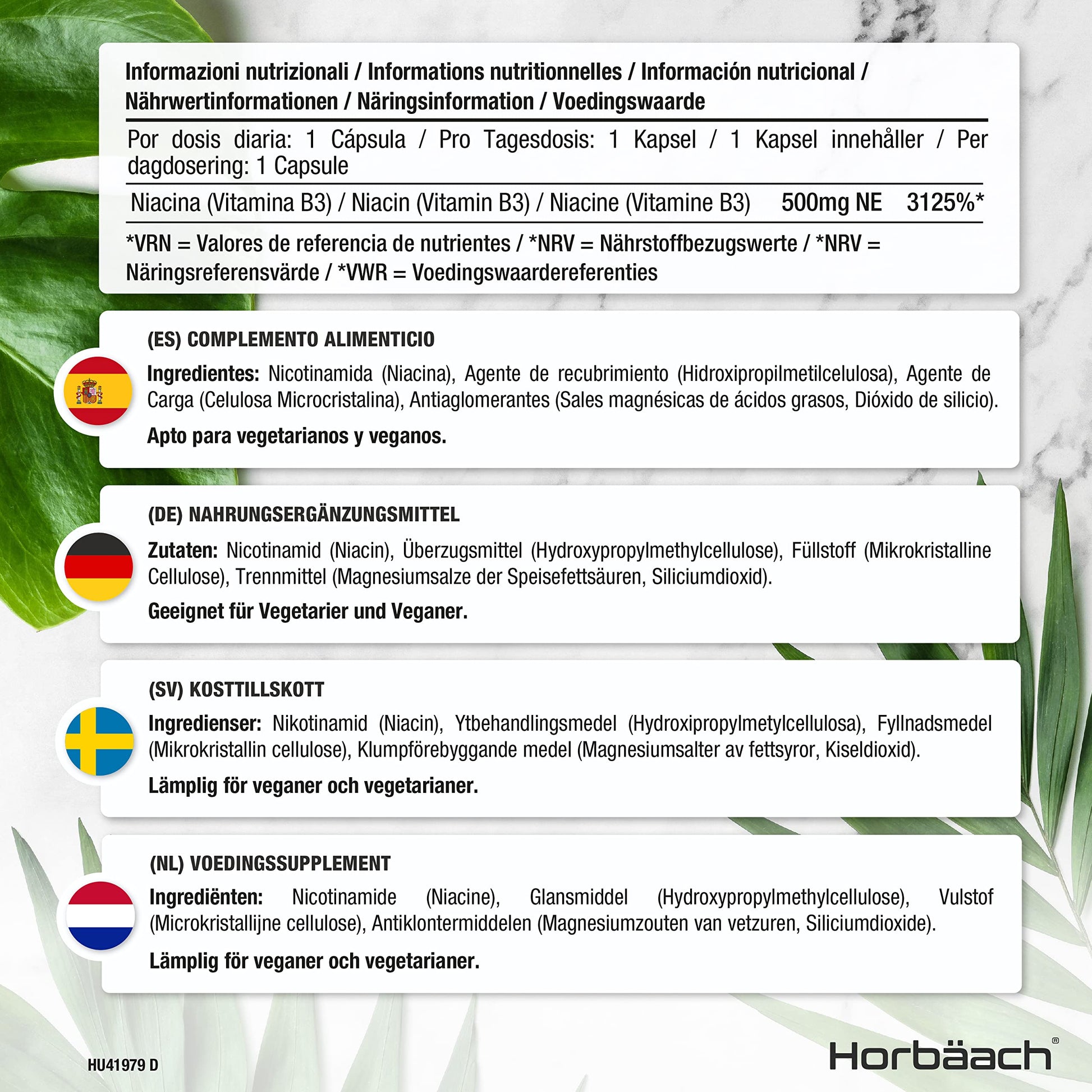 Vitamin B3 Niacin 500mg | 90 Vegan Capsules | Flush Free Nicotinamide Supplement Horbäach