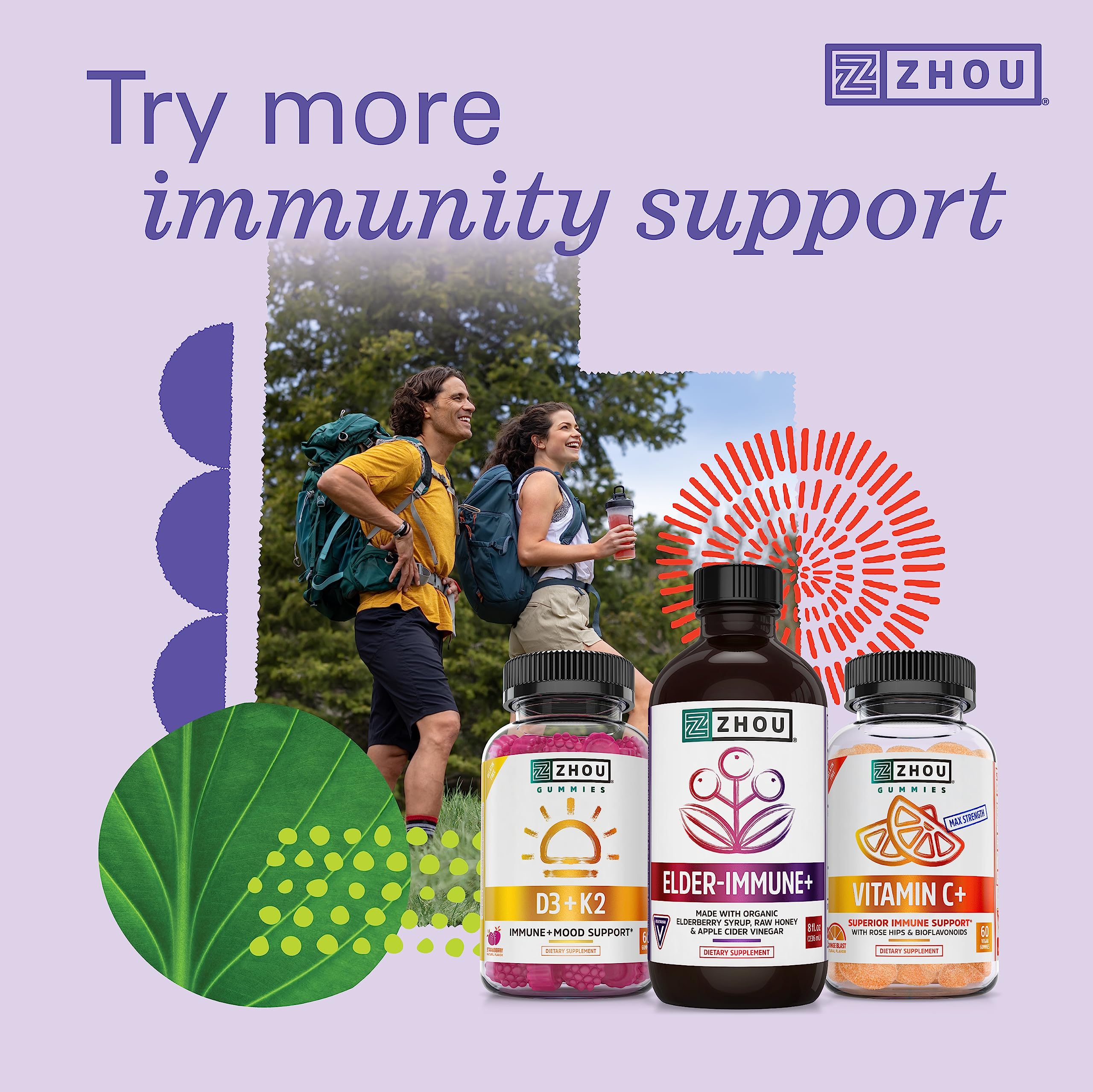 Zhou Nutrition Elder-Mune Sambucus Elderberry Gummies with Zinc and Vitamin C Zhou Nutrition