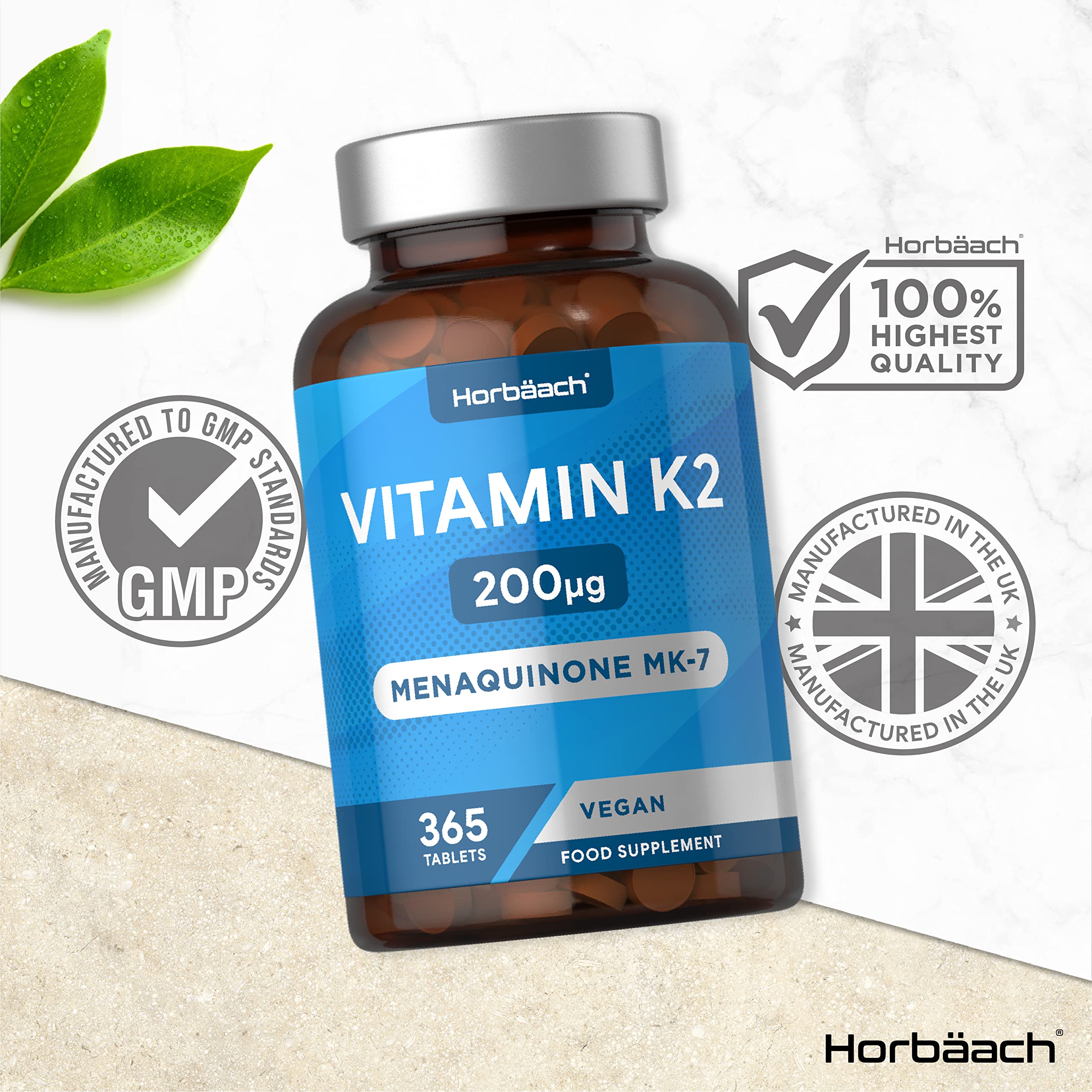 Vitamin K2 MK7 200ug | 365 Vegan Tablets | High Strength Menaquinone MK-7 Horbäach