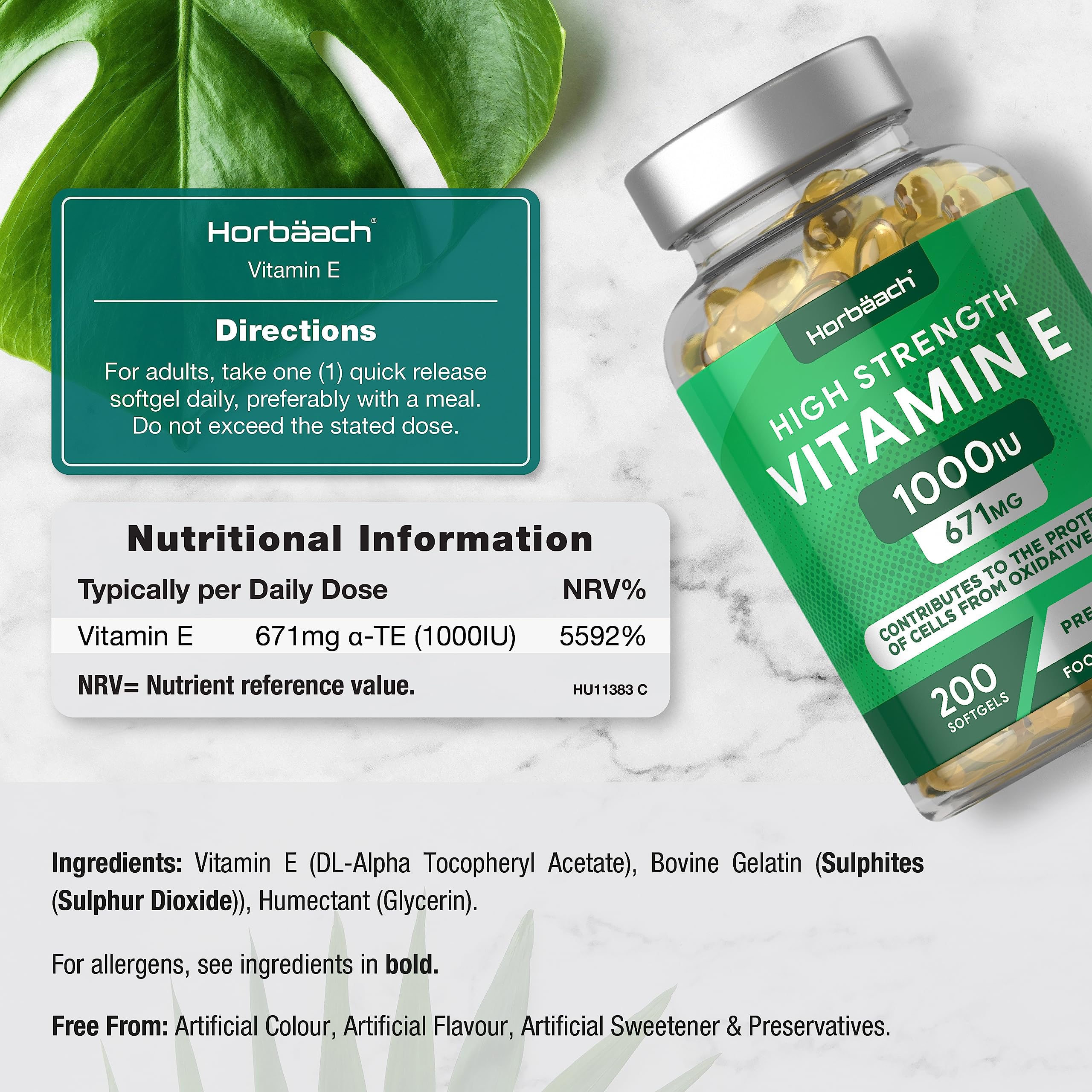 Vitamin E Capsules 1000iu | 200 Count | High Strength Vitamin E as DL-Alpha Tocopheryl Horbäach