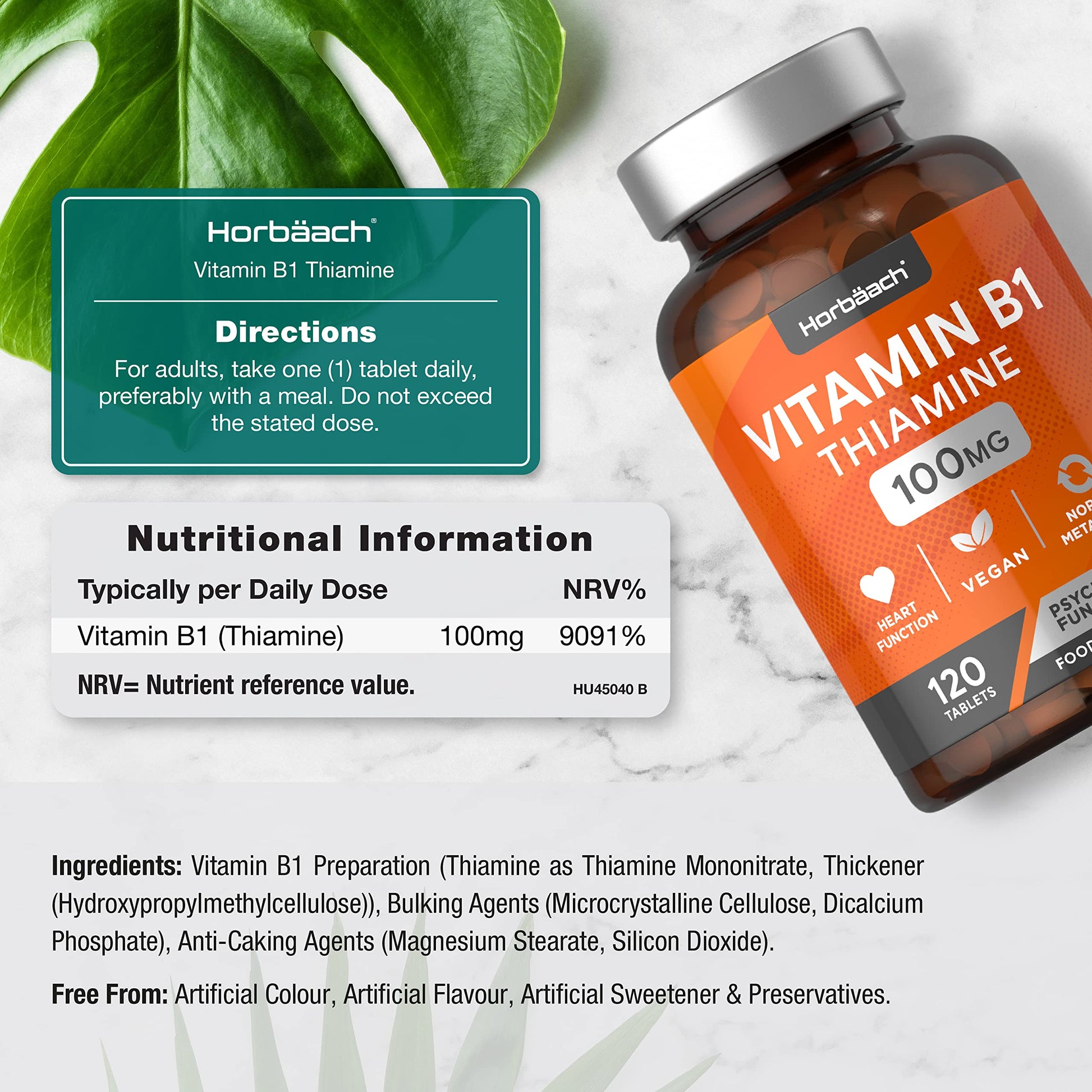Vitamin B1 Thiamine High Strength 100mg | 120 Vegan Tablets | No Artificial Horbäach